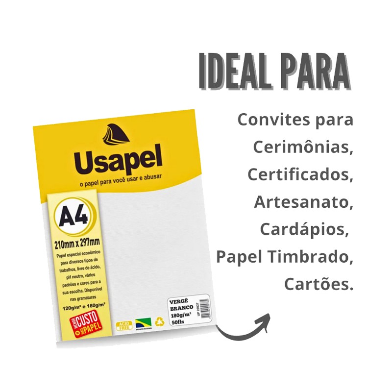 Papel Vergê Branco 180gr Com 50fls Usapel Shopel Papelaria 0689