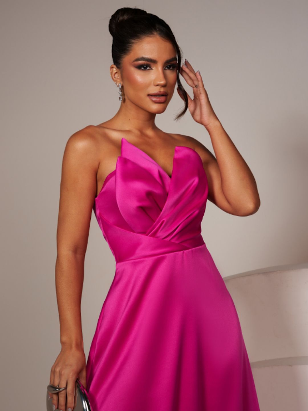 vestido longo rosa fúcsia tomara que caia - Ostentacione Vestidos