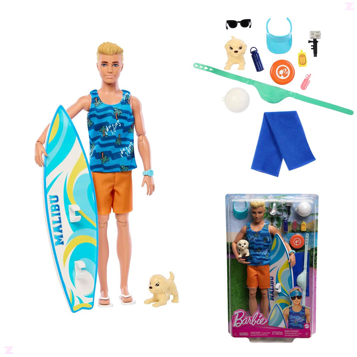 Barbie Boneca com prancha de surfe e cachorrinho de estimação, boneca