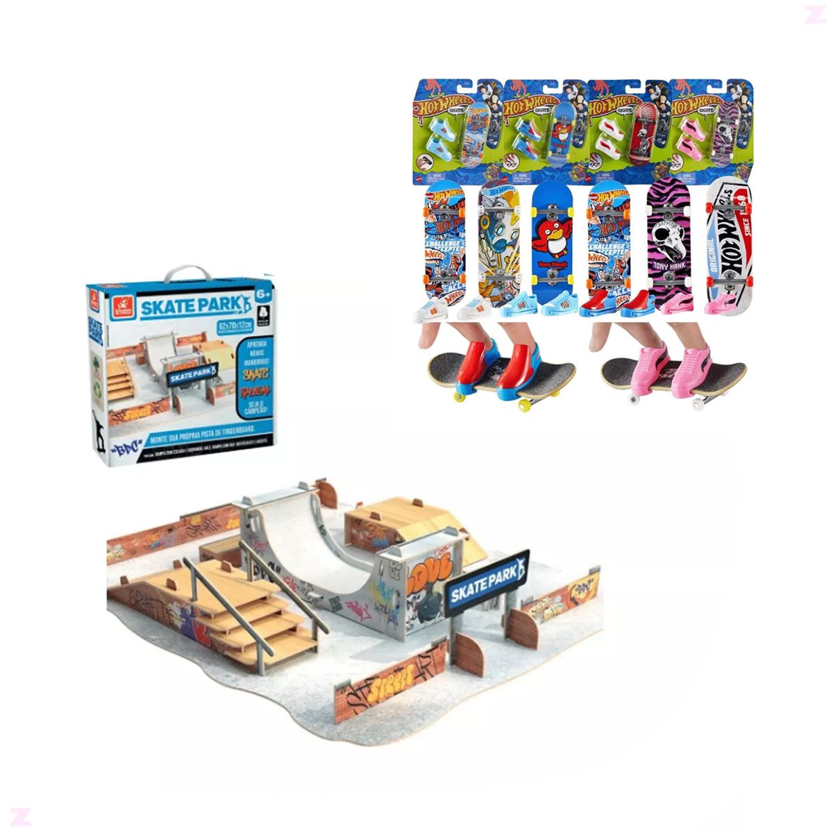 Skate Dedo Hotwheels C/ Tênis + Pista Skatepark Fingerboard