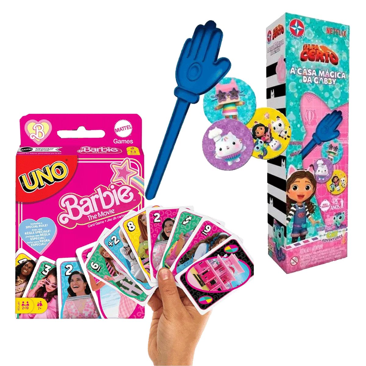 Kit Jogo Infantil Tapa Certo Gabby's Doll House + Uno Barbie