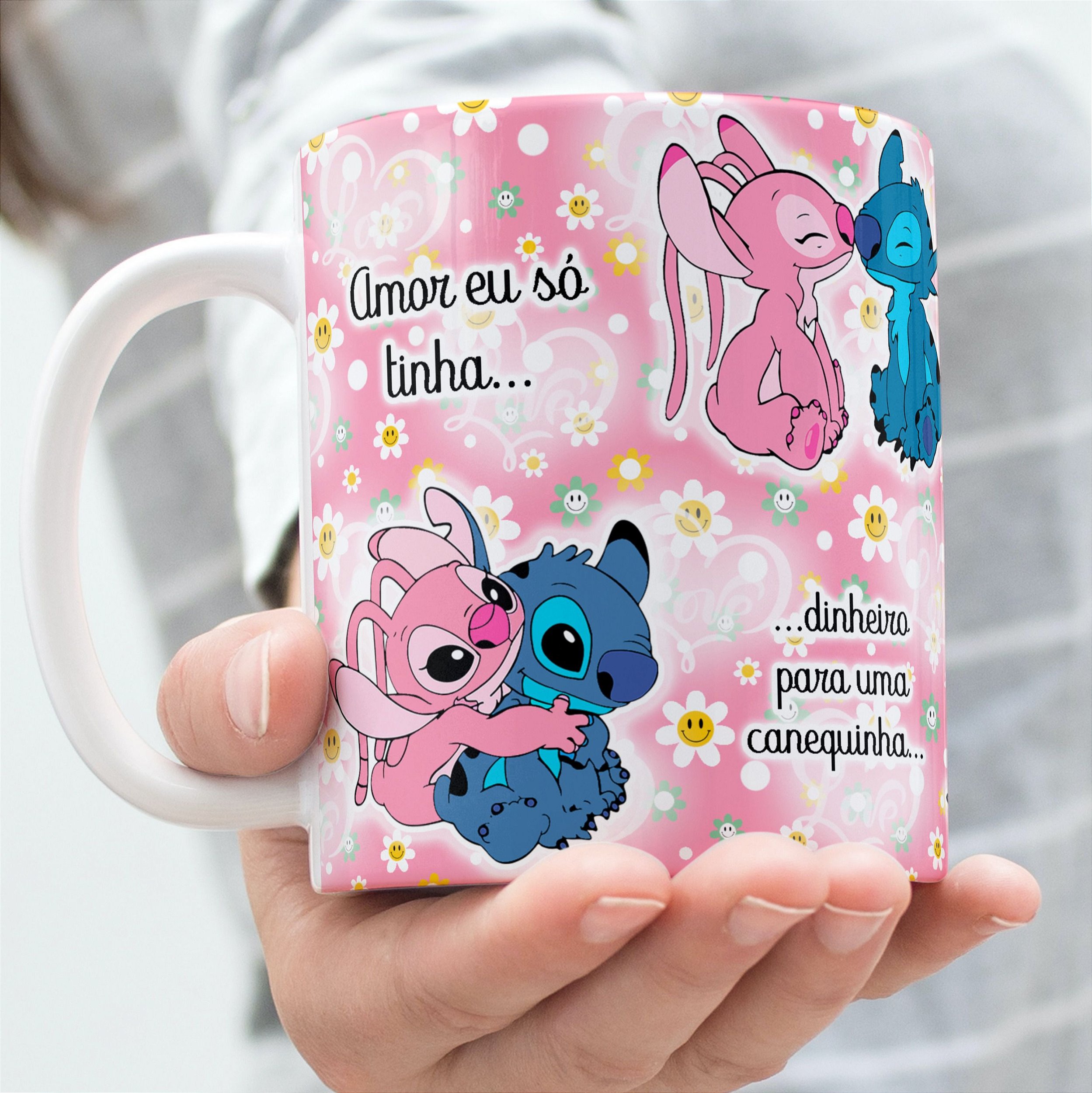 Caneca Porcelana Alça e interior colorido lilo e stitch