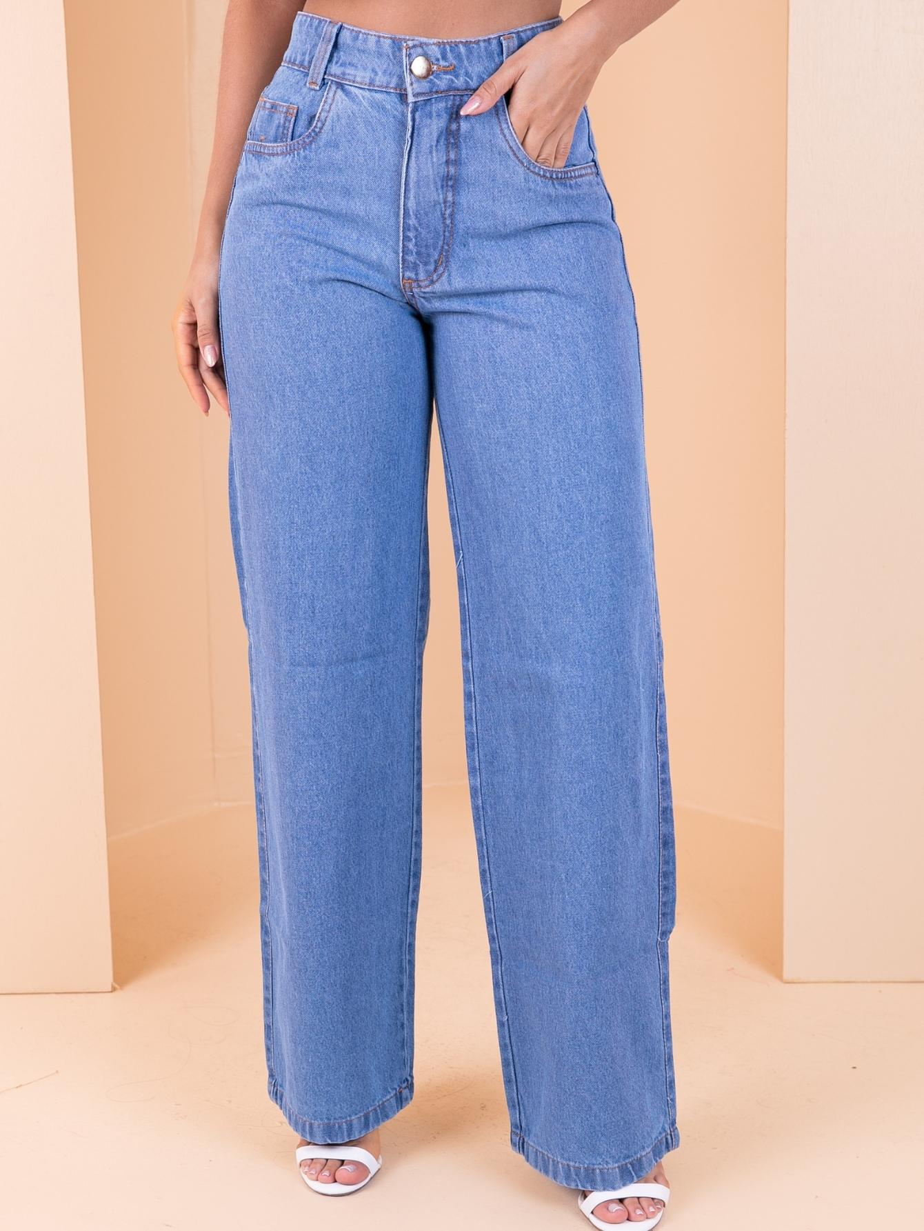 Calça Jeans Plus Size Wide Leg Pantalona Rasgada Barra Feita - Useconf