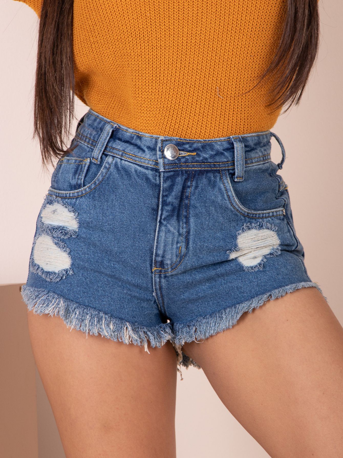 Short Jeans Feminino Cintura Alta Desfiado Bamborra