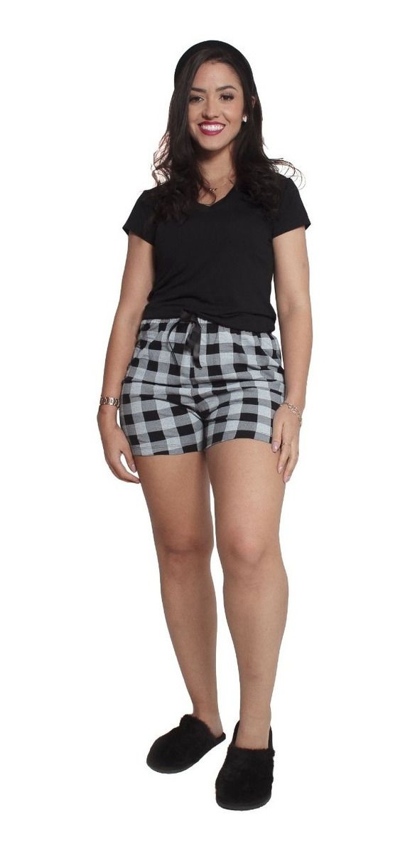 Pijama Feminino Xadrez Vermelho E Preto Abertura Com Botões + Pantufa  Feminino Xadrez Vermelho e Preto