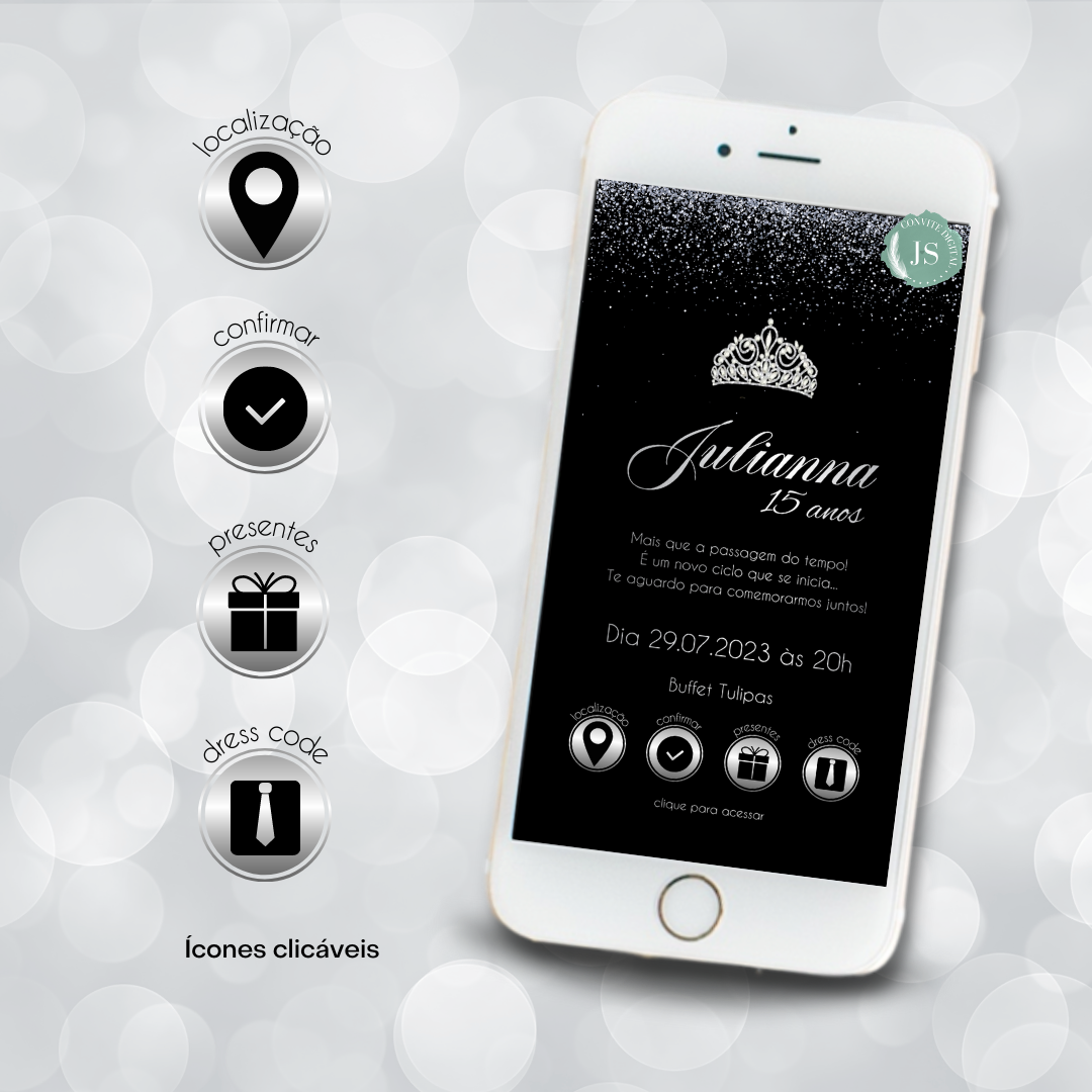 Convite digital interativo 15 anos Preto e Prata