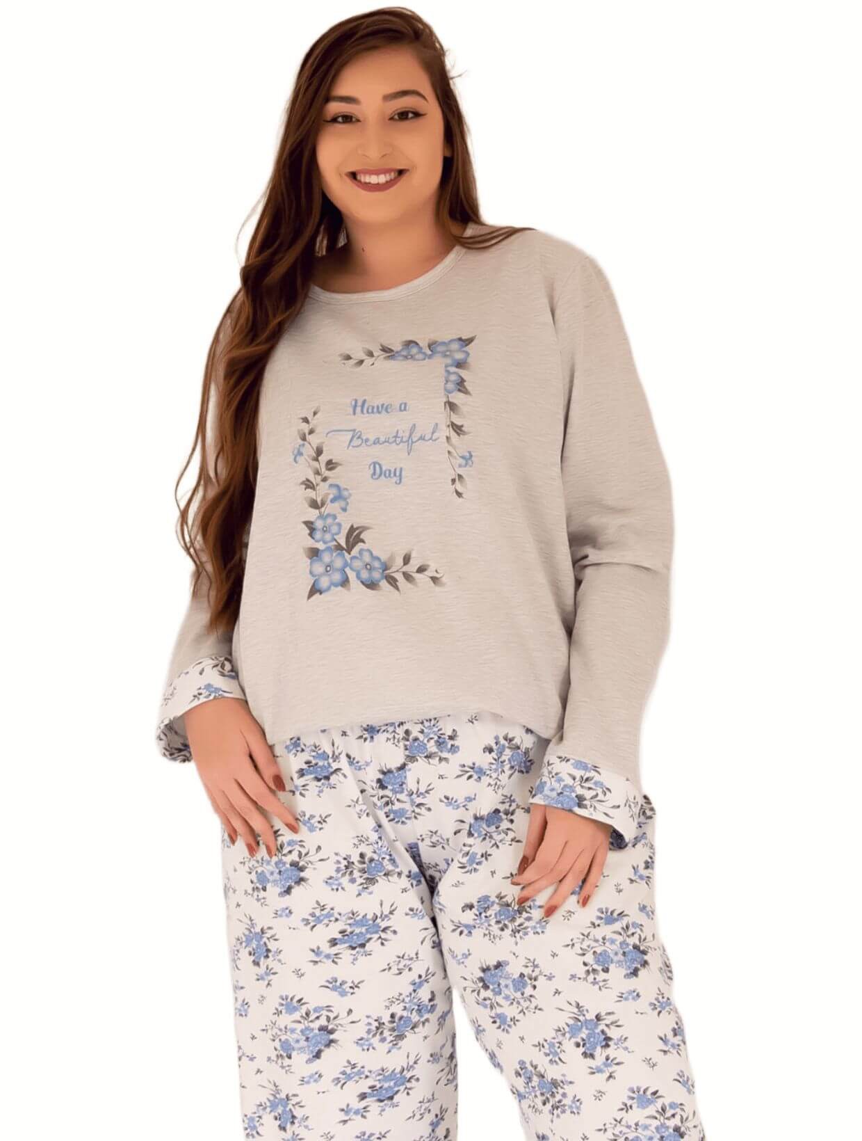 Pijama Plus Size flanelado floral - Leleka Pijamas