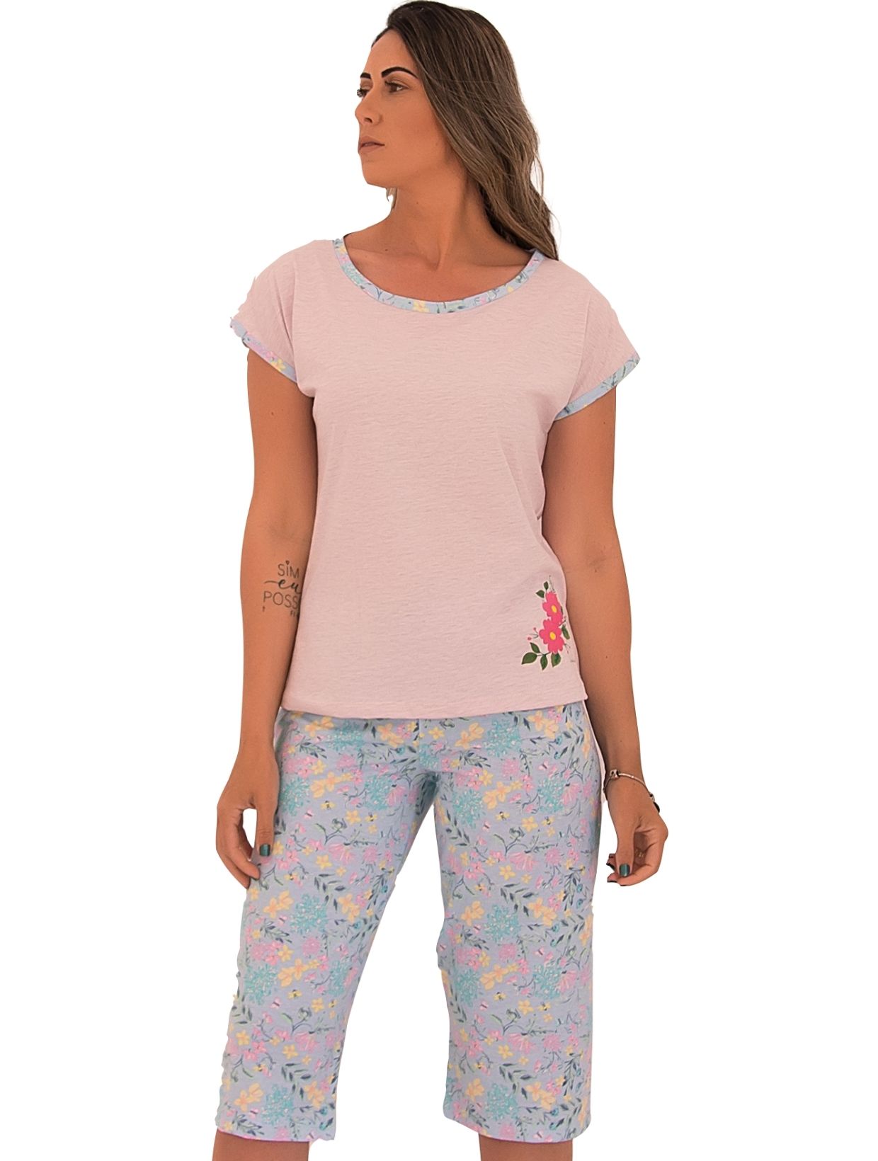 Pijama feminino com pescador florido de algodão - Leleka Pijamas