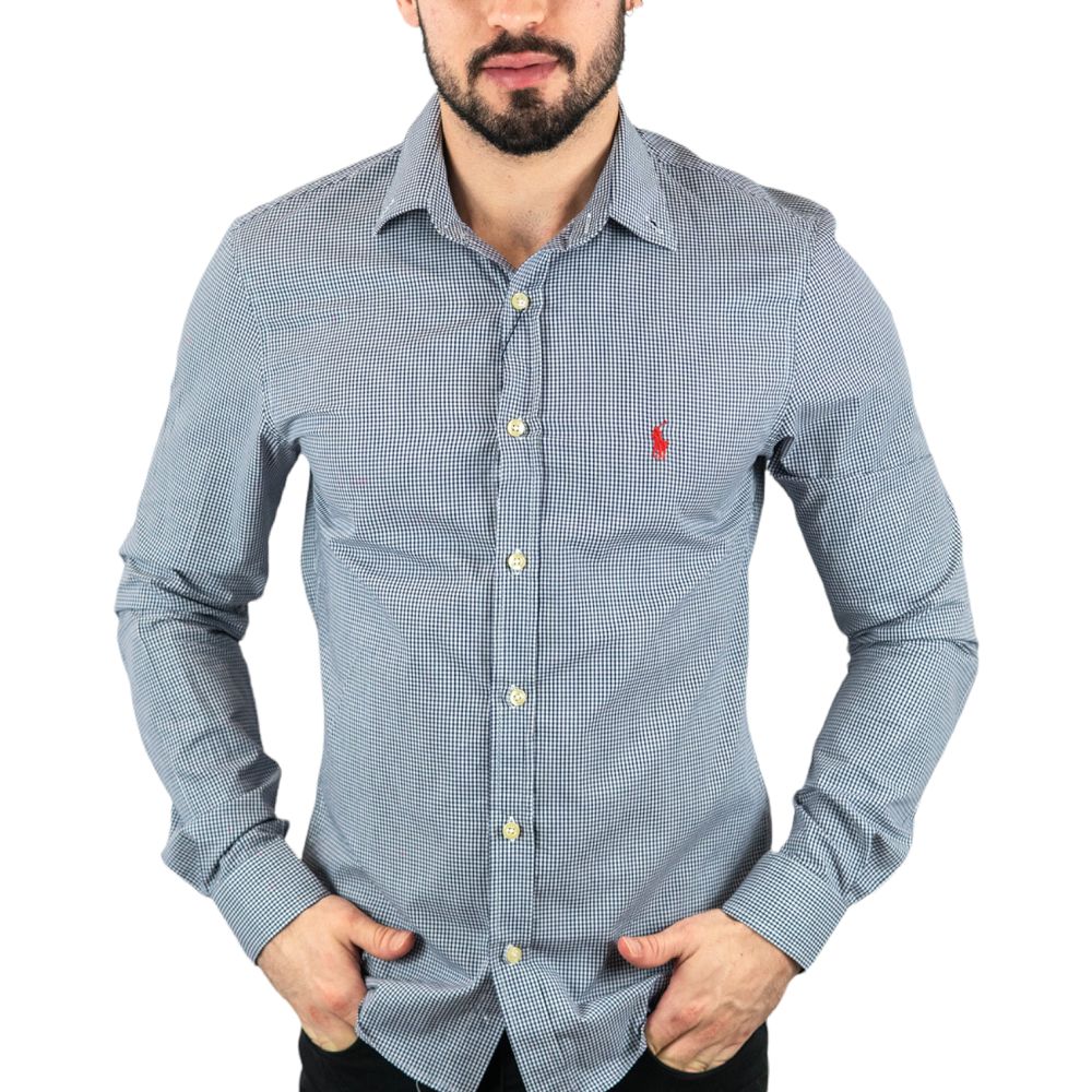 Camisa xadrez de algodão stretch com mangas curtas (Azul-marinho) - Homens