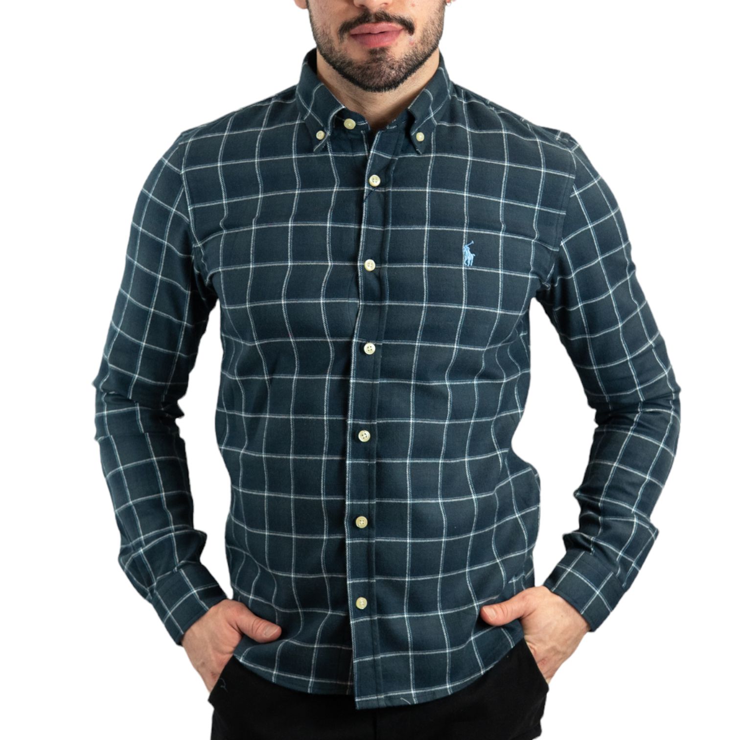 Camisa Slim Fit Xadrez Azul Petróleo