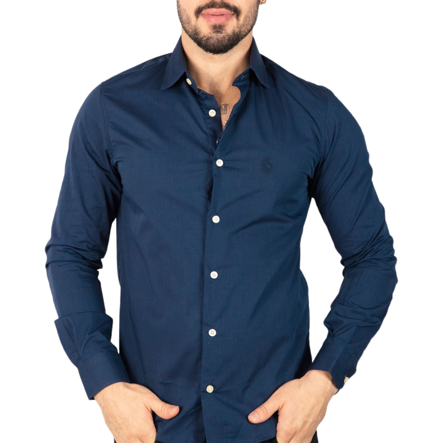 Camisa algodão slim fit · Cinza Muito Escuro, Azul-marinho