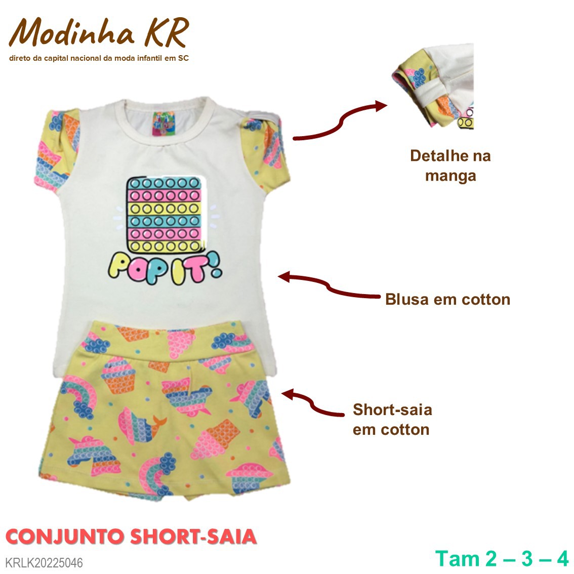 Conjunto infantil menina em cotton e short saia em moletom - Tam 2