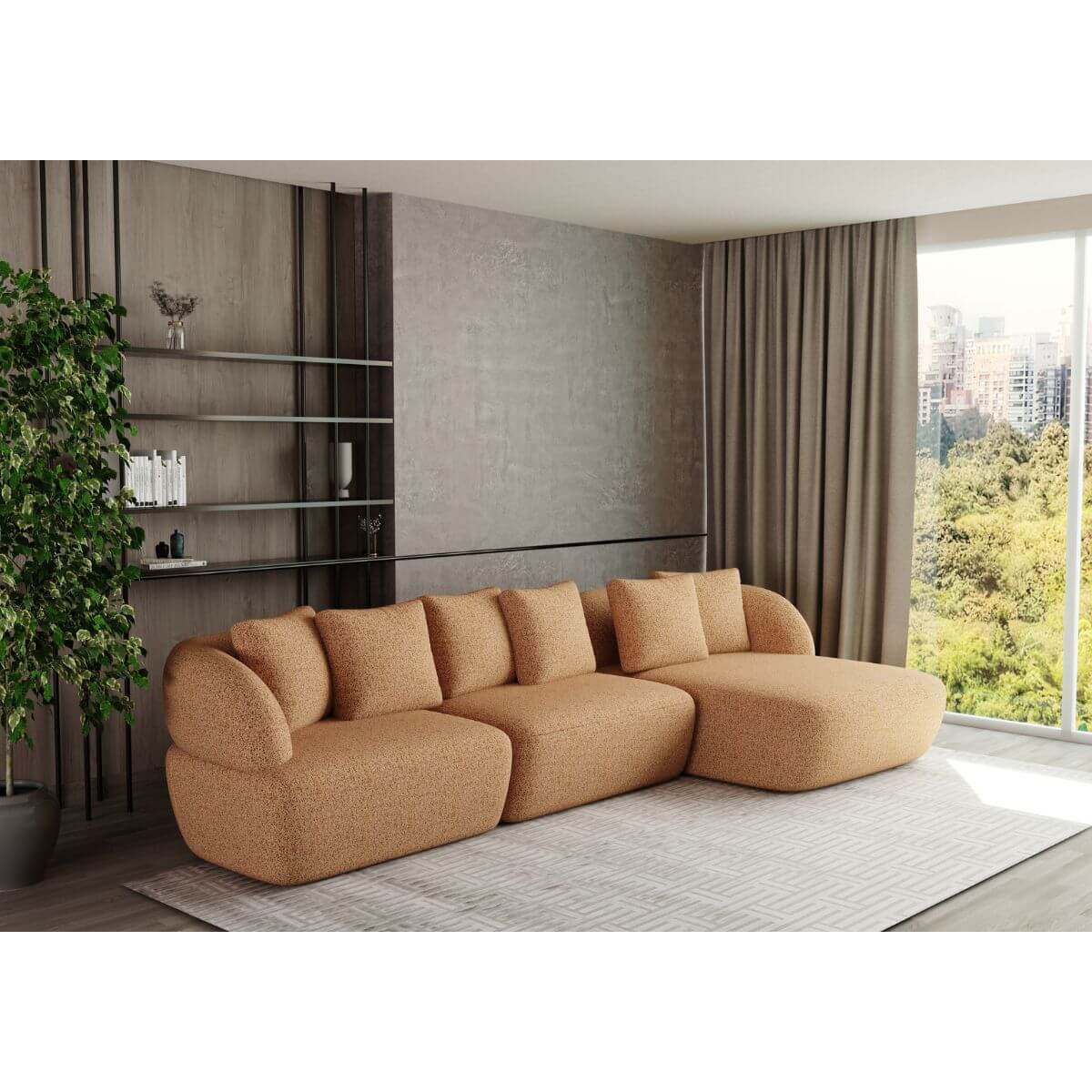 Sofá Living Fixo Com Chaise Van Gogh 3,20m em Bouclé Amarelo