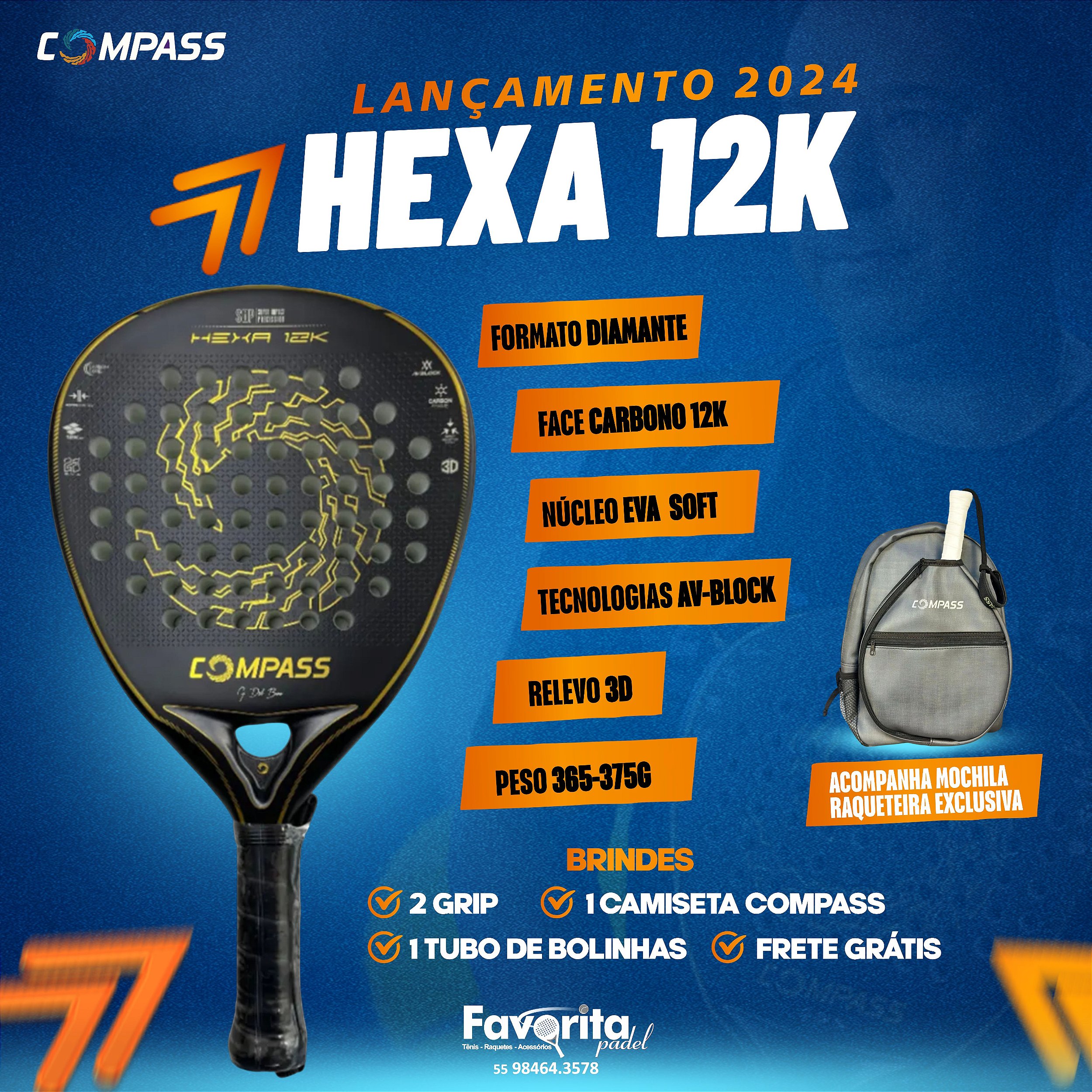 Raquete de Padel Compass Hexa 12k Gervasio Del Bono 2024 Raquete de Padel Compass Hexa 12k Gervasio Del Bono 2024