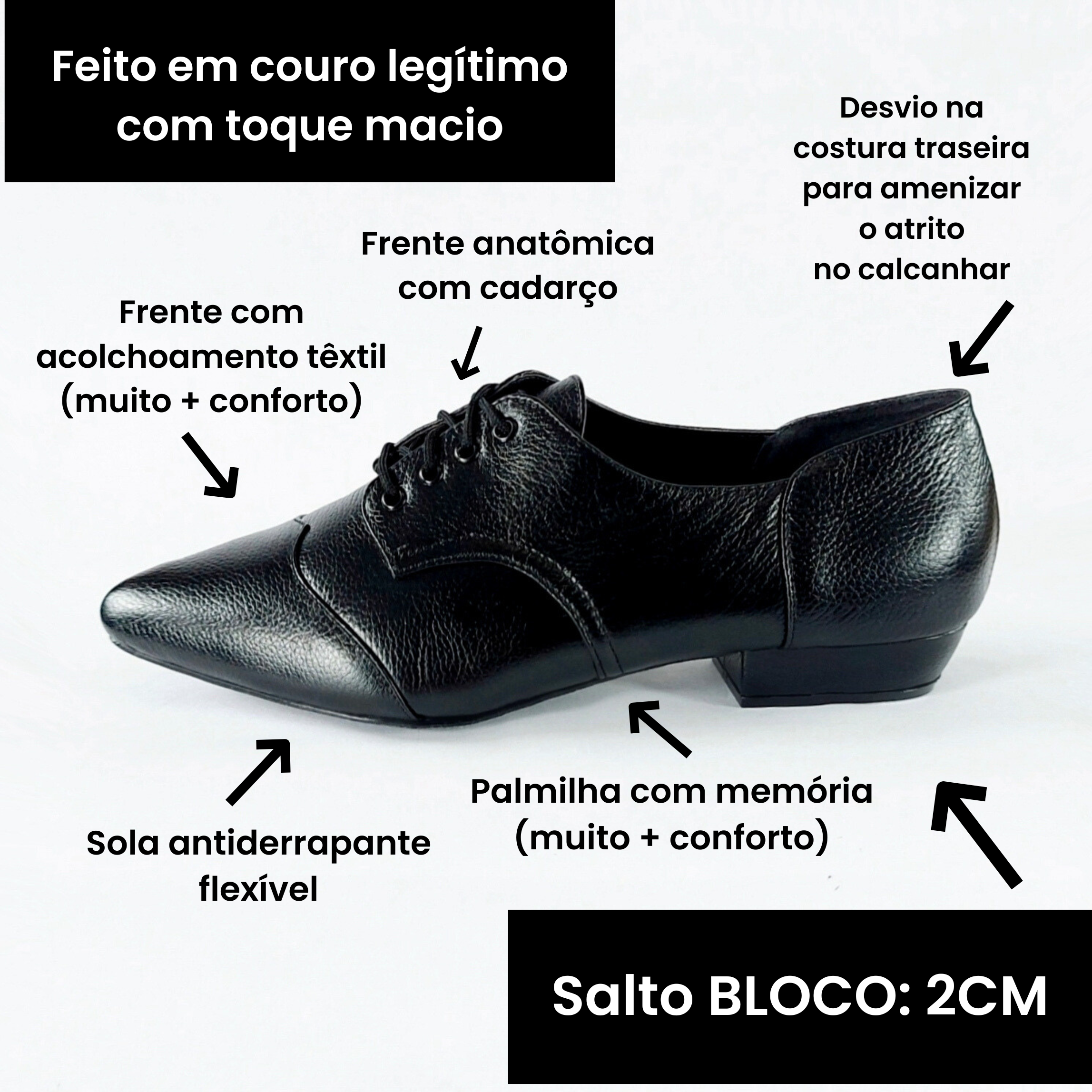 Oxford Preto Couro Legítimo Salto Bloco 2cm Bico Fino - Pri Gonçalves