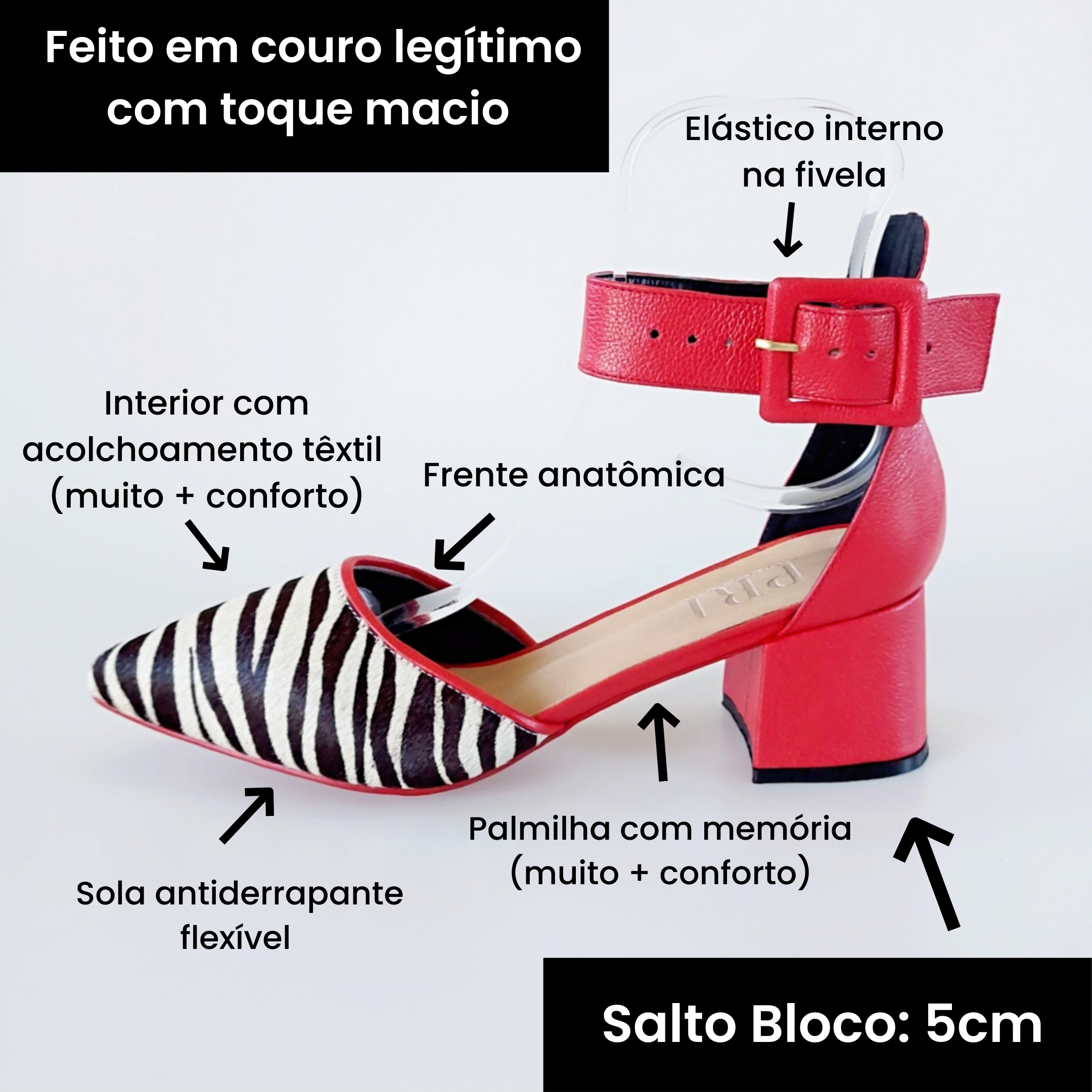 SCARPIN SALTO BAIXO BLOCO COURO ZEBRA VERMELHO CAMPARI CONFORTAVEL