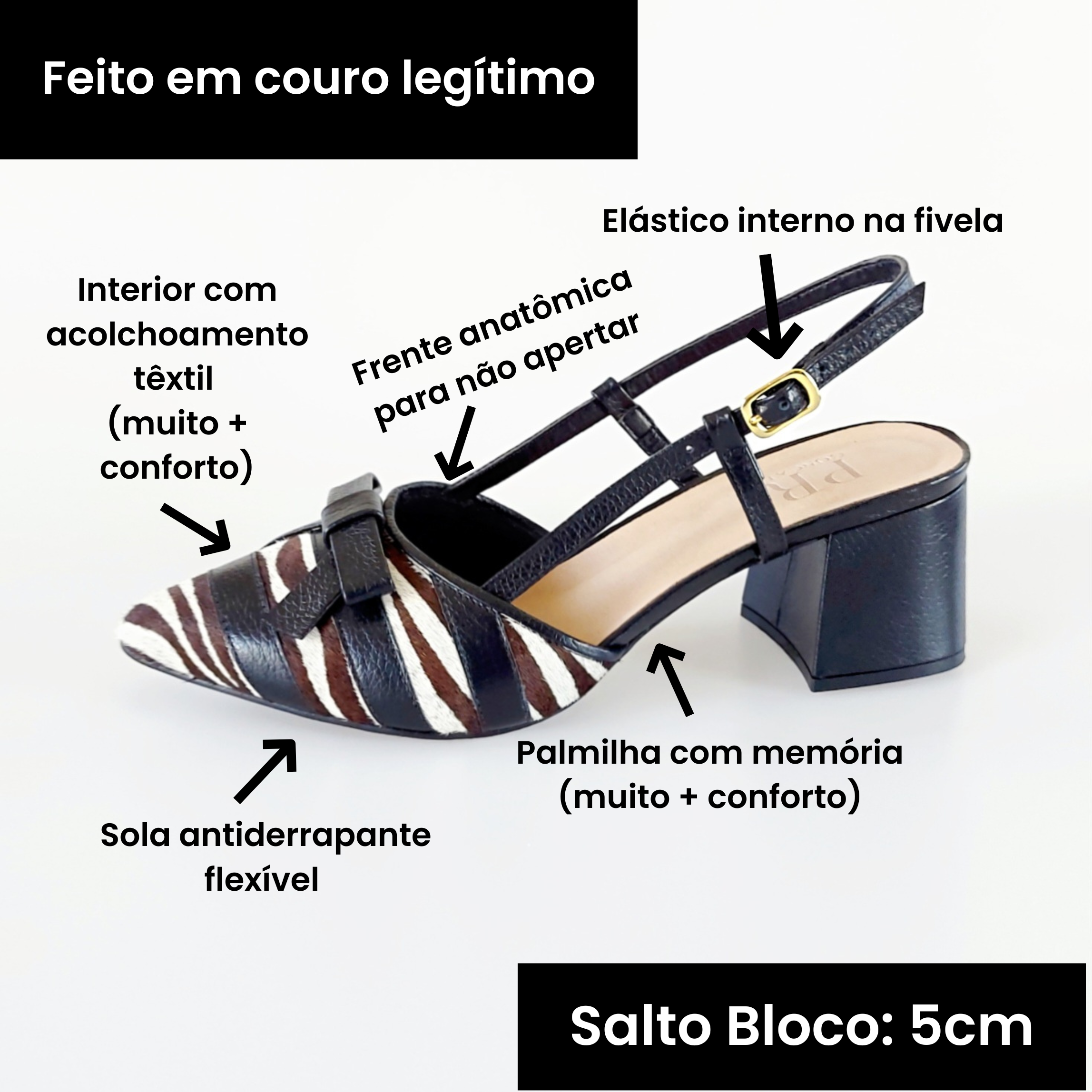 Slingback Zebra Preto Couro Salto Bloco 5cm Bico Fino - Pri Gonçalves