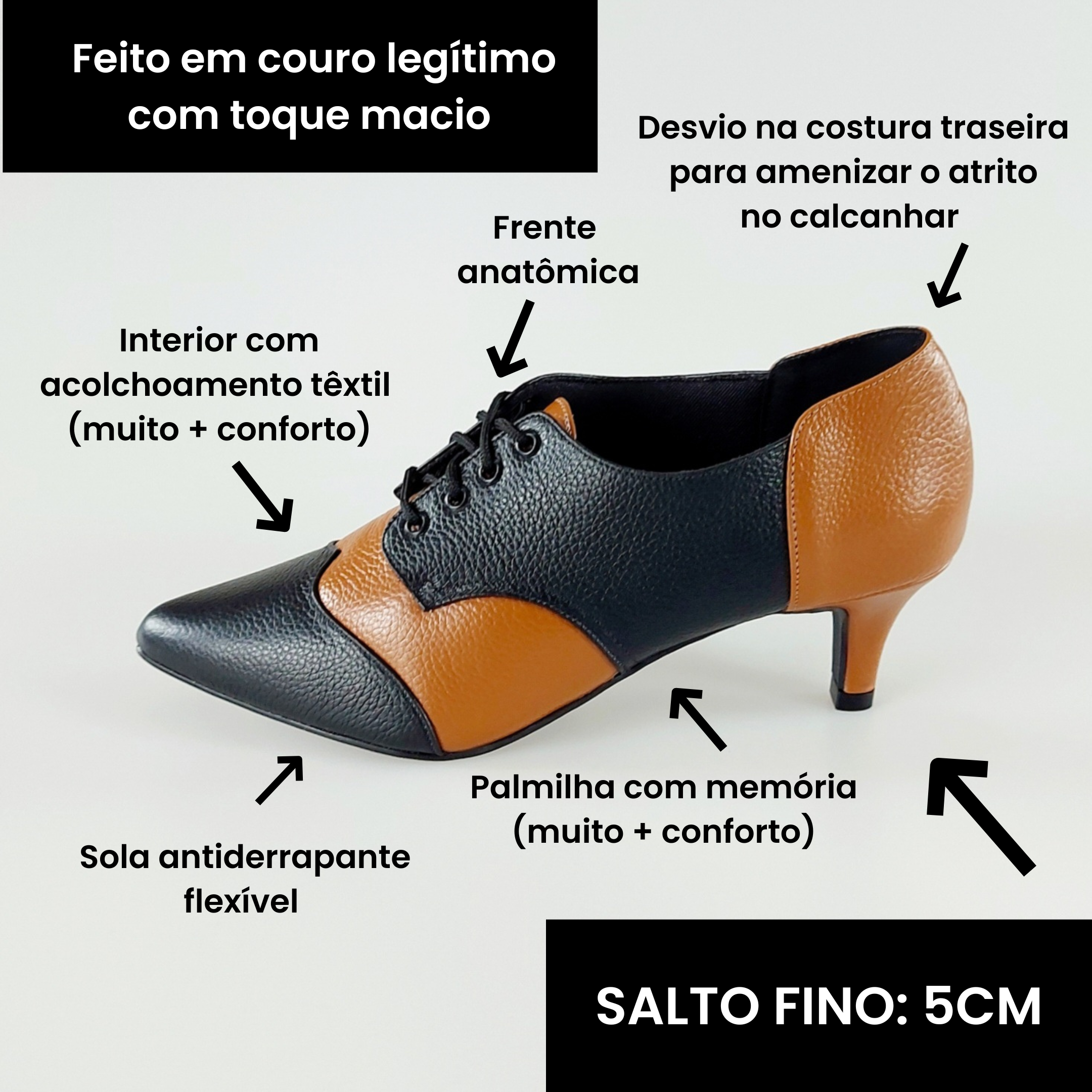 Oxford Preto Caramelo Couro Salto Fino 5cm Bico Fino - Pri Gonçalves