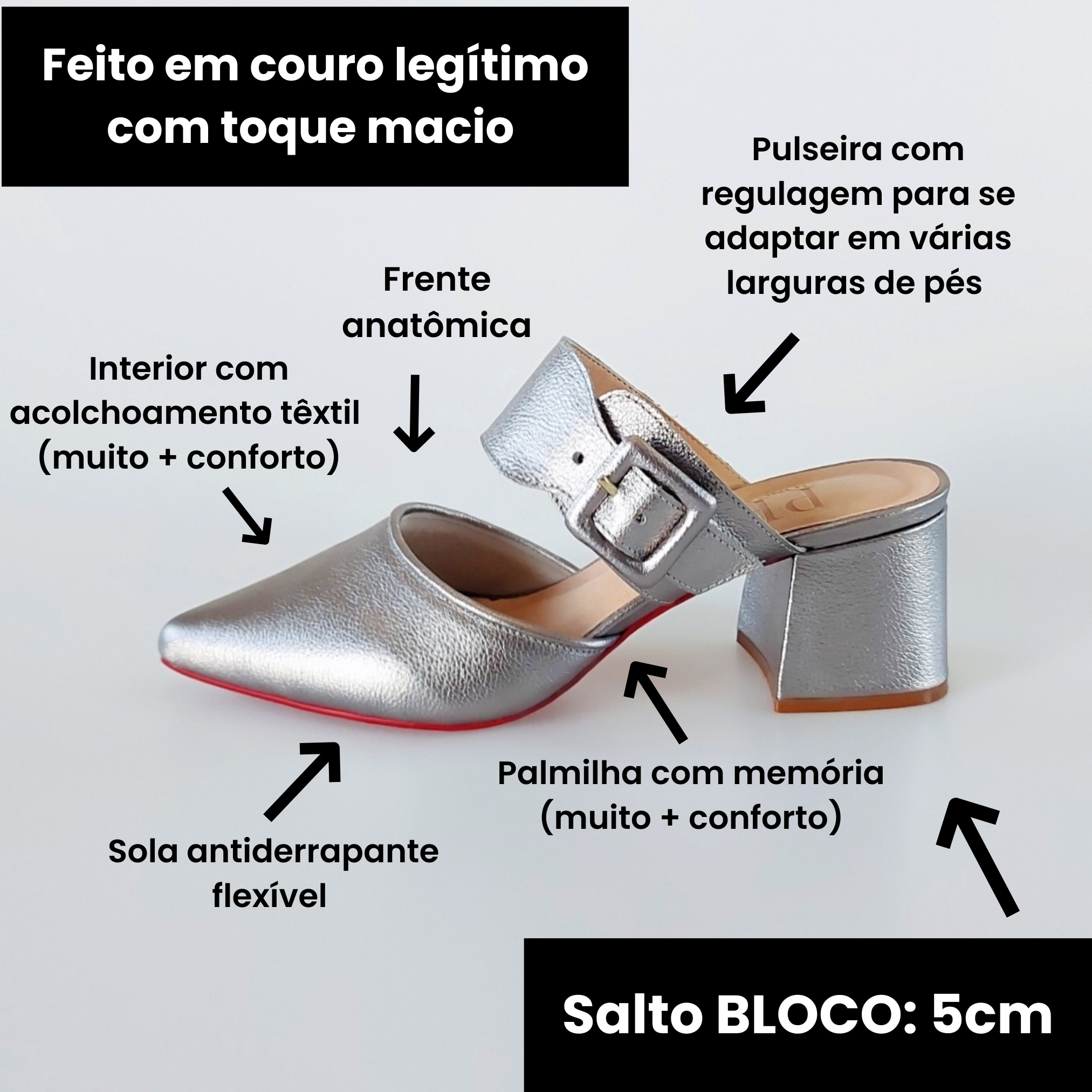 MULE SALTO BAIXO FINO COURO METALIZADO GRAFITE CONFORTAVEL - Pri