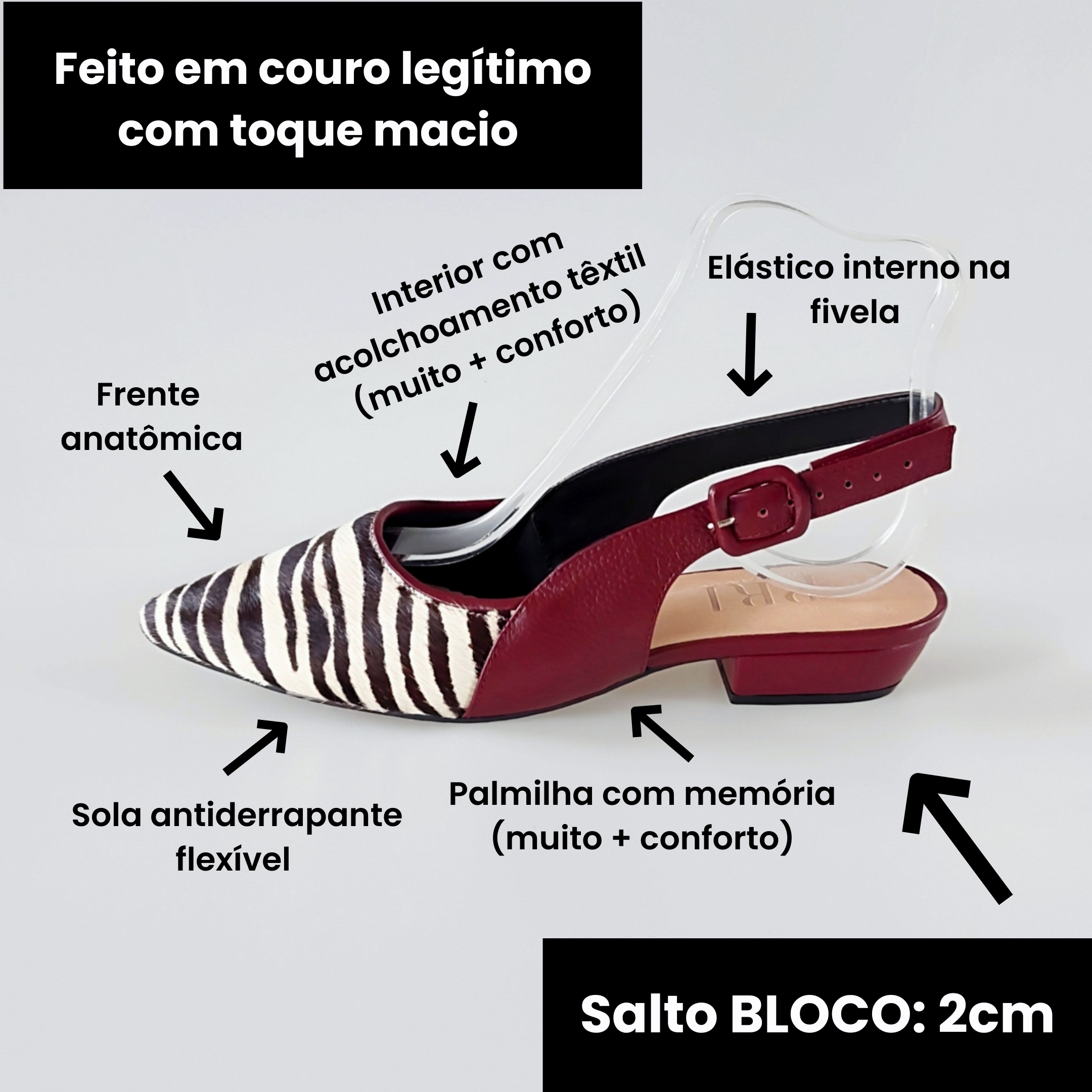 SCARPIN SALTO BAIXO BLOCO COURO ZEBRA MARSALA CONFORTAVEL - Pri
