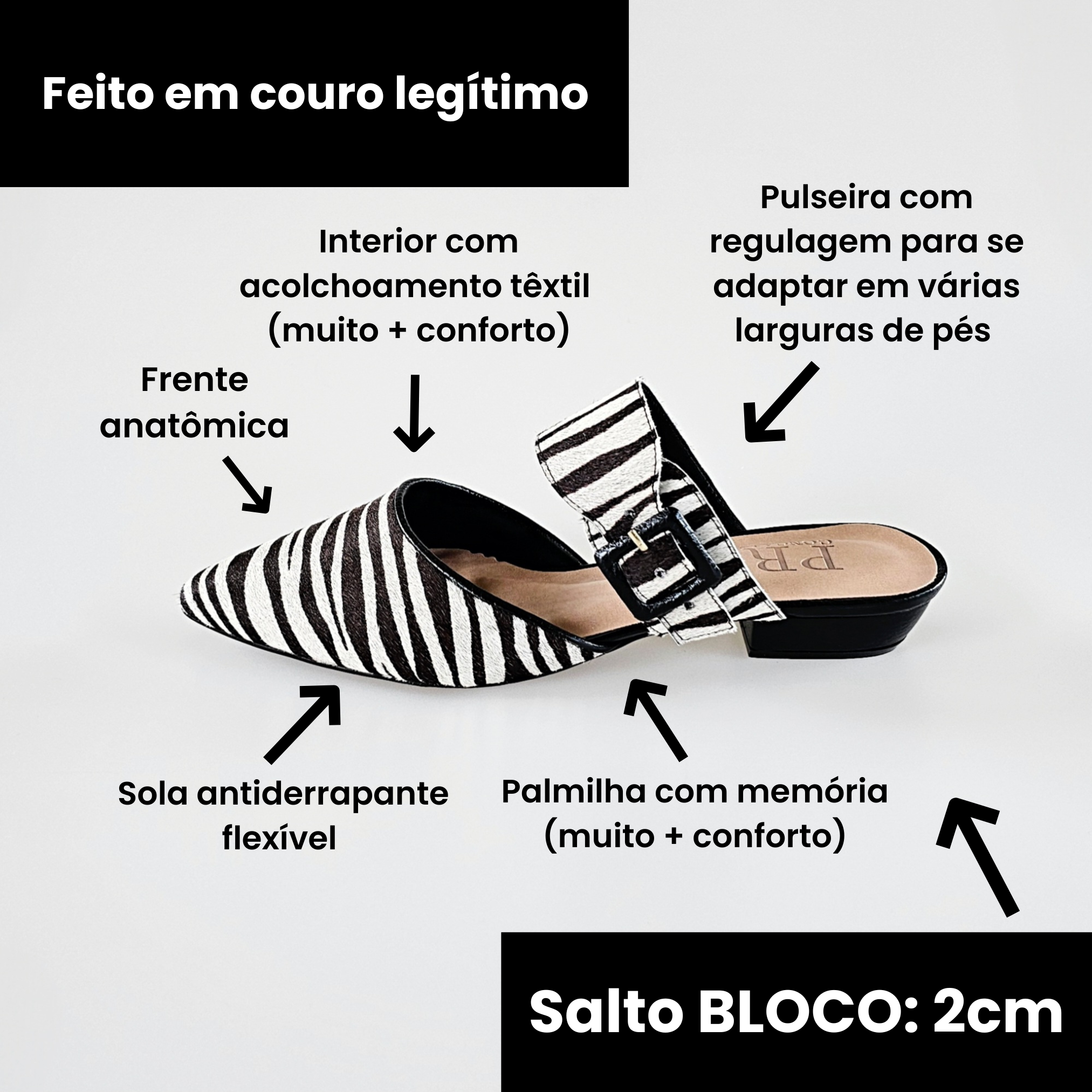 Mule Salto Baixo Bloco 2cm Couro Zebra Confortável – Pri Gonçalves