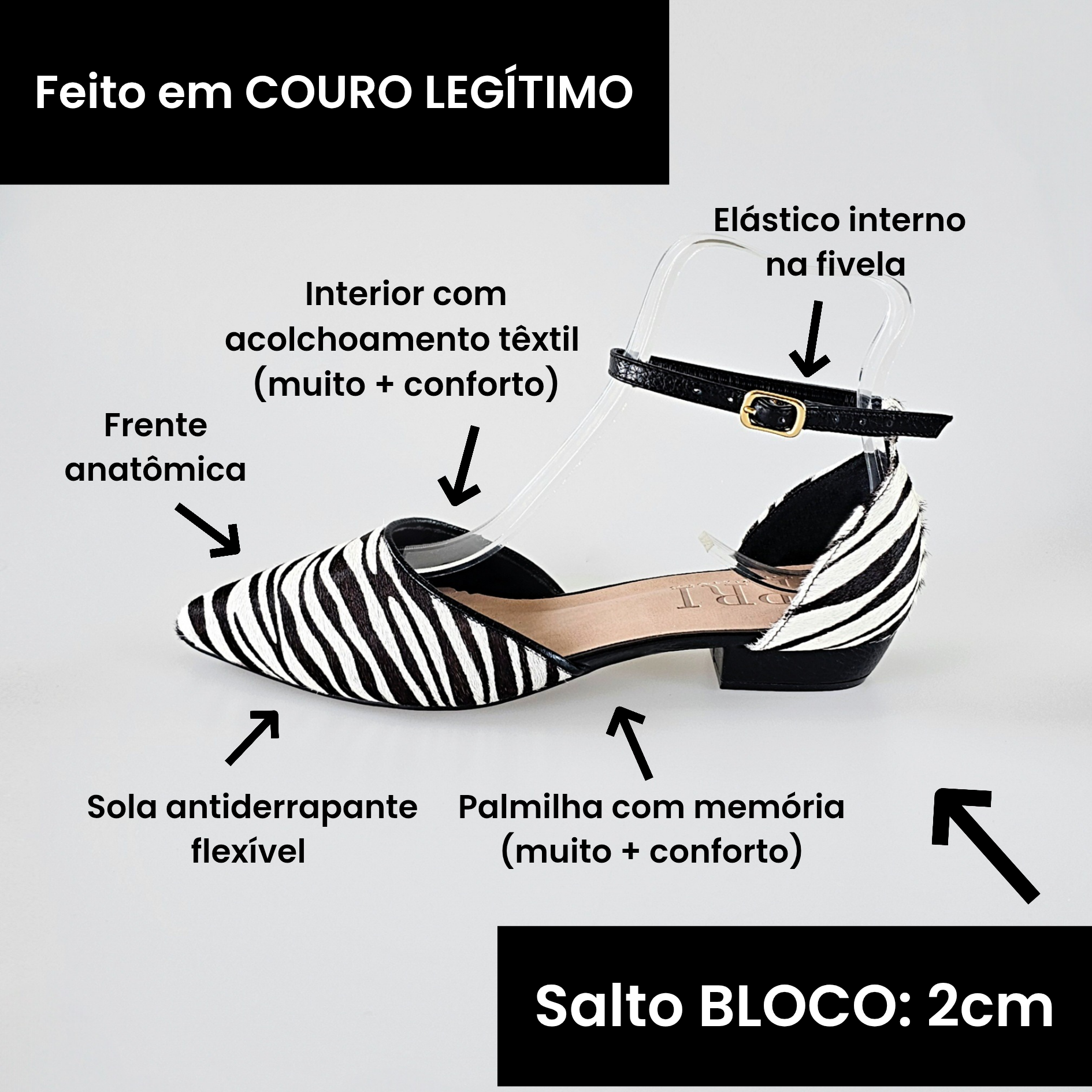 SCARPIN SALTO BLOCO COURO ZEBRA PRETO CONFORTAVEL - Pri Gonçalves