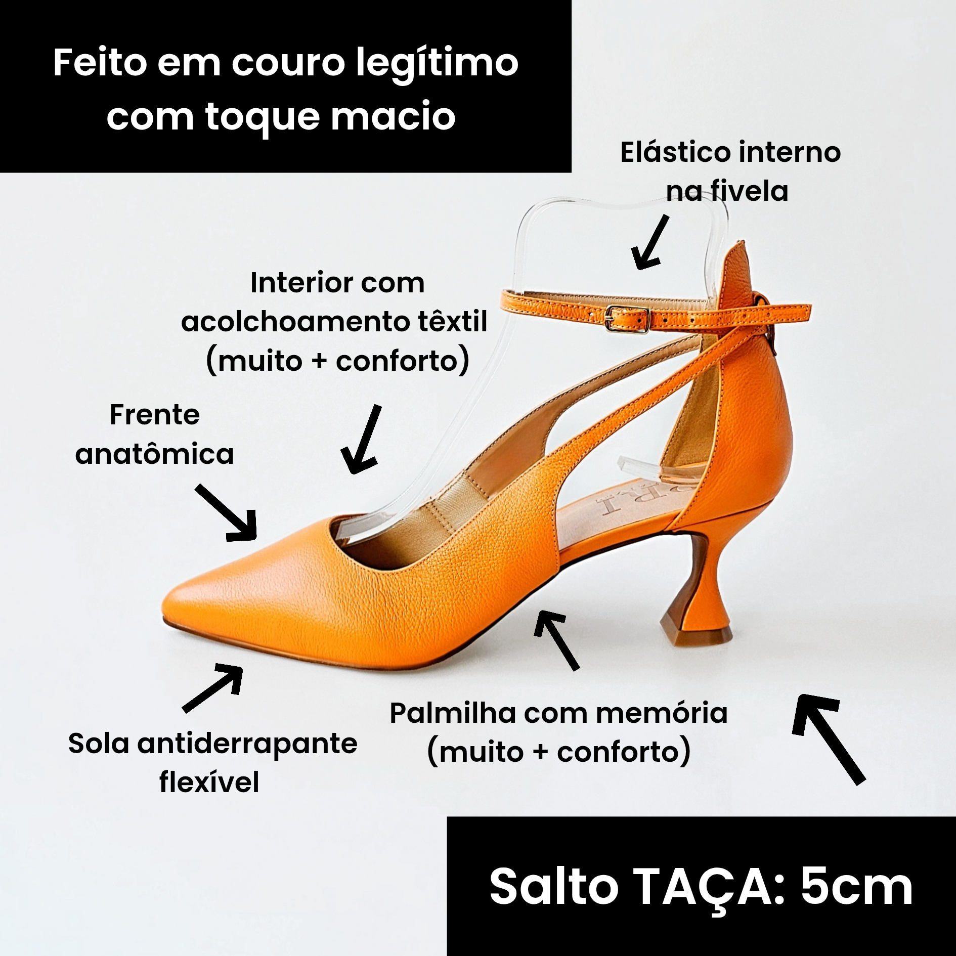Scarpin laranja em couro legítimo com salto taça 5cm confortável