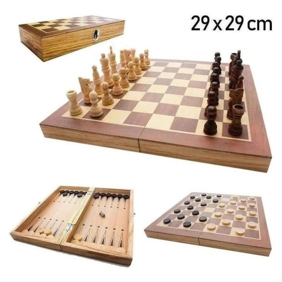 1 conjunto 3-em-1 conjunto de xadrez grande dobrável de madeira xadrez  tabuleiro jogo damas