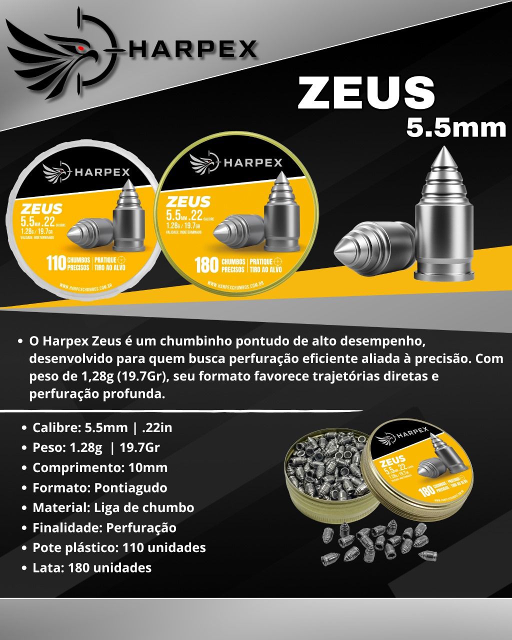 Chumbinho Pressão Harpex Zeus 5,5 Mm .22 P/ Carabina Premium 180 ...
