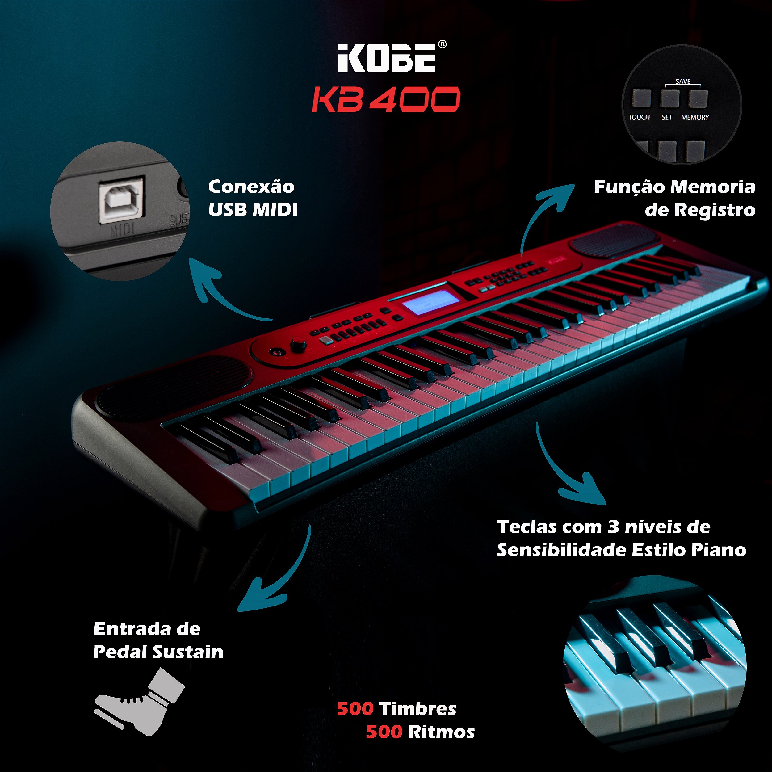 Teclado Musical Kobe KB-400 61 Teclas com Sensibilidade Conexão MIDI ...