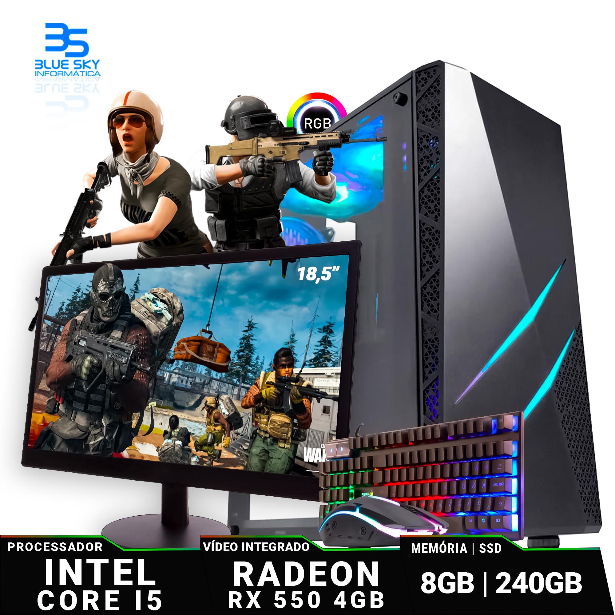 Computador PC Gamer Barato Intel I5, SSD 240GB, 8GB, Nvidia 2GB - Blue Sky  Informática - 10 Anos !