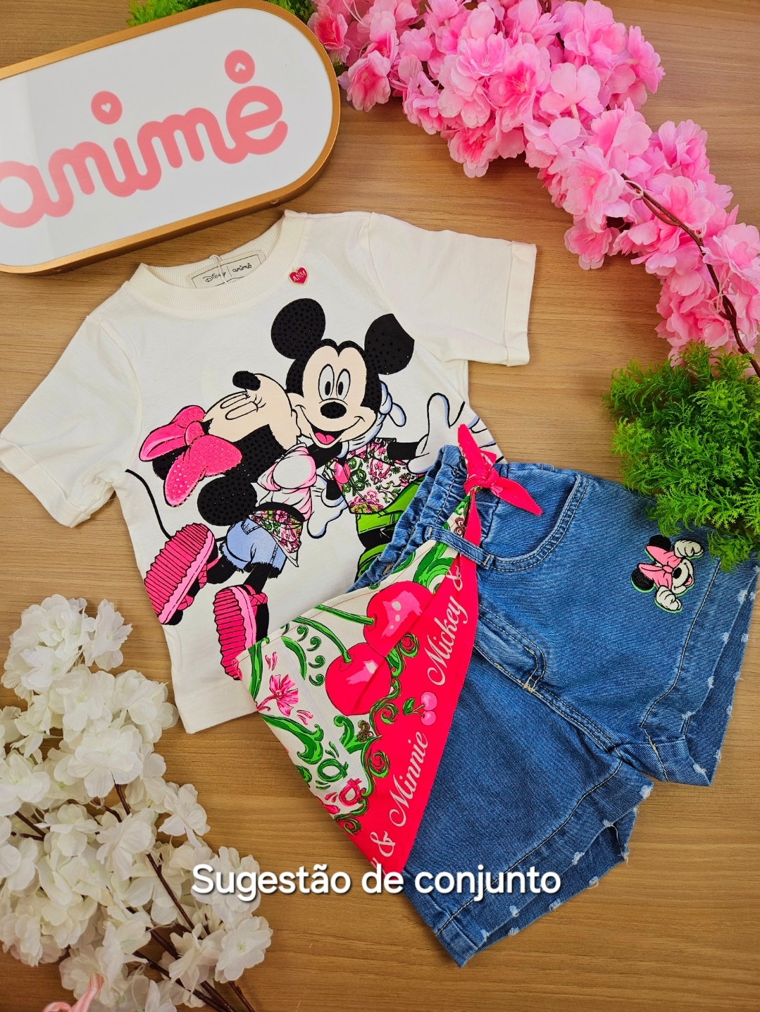 Babyhug Disney Denim Short With Minnie Mouse Print & Belt - Navy Blue main image 1