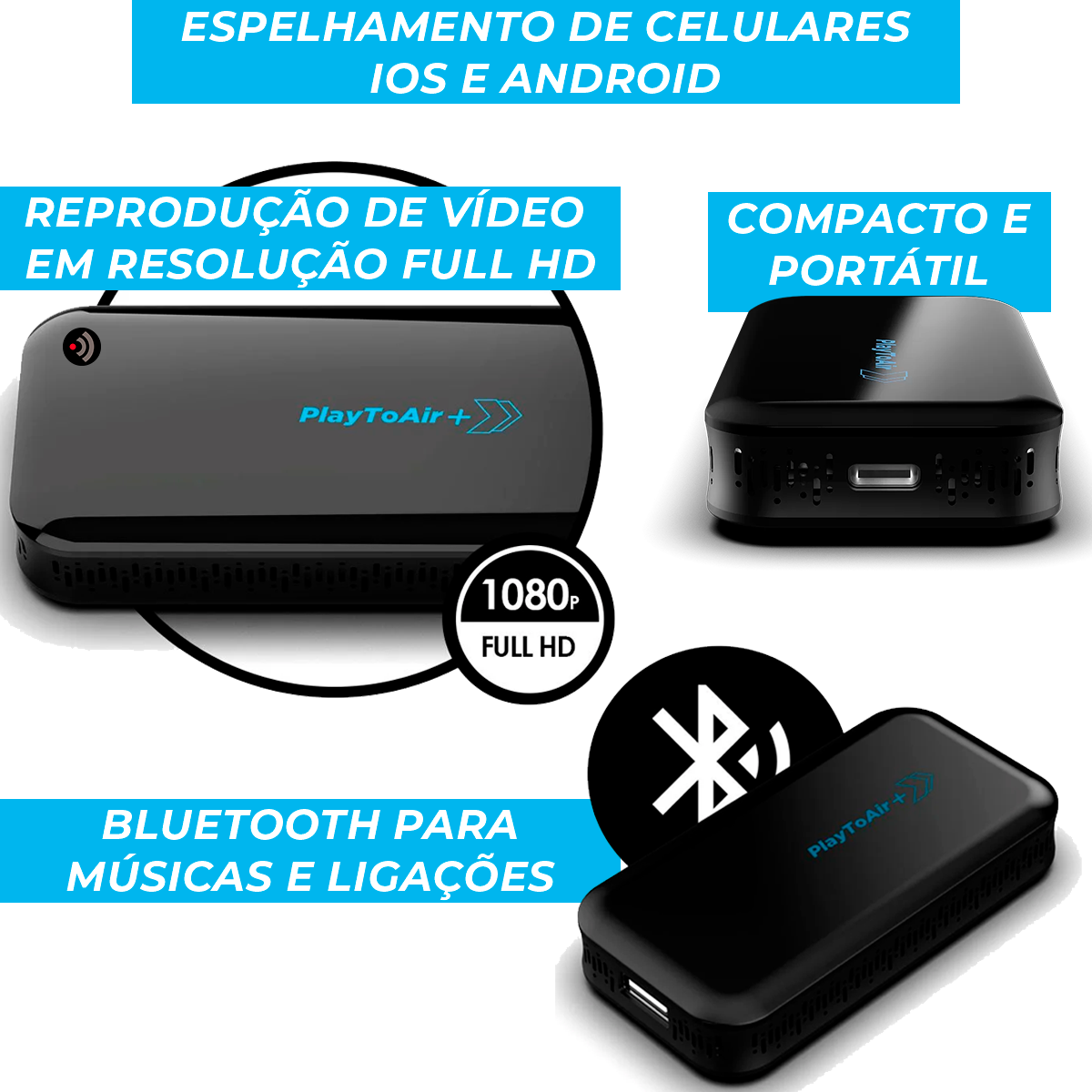 Espelhamento de Celular Sem Fio Android Auto Bluetooth PlayToAir +