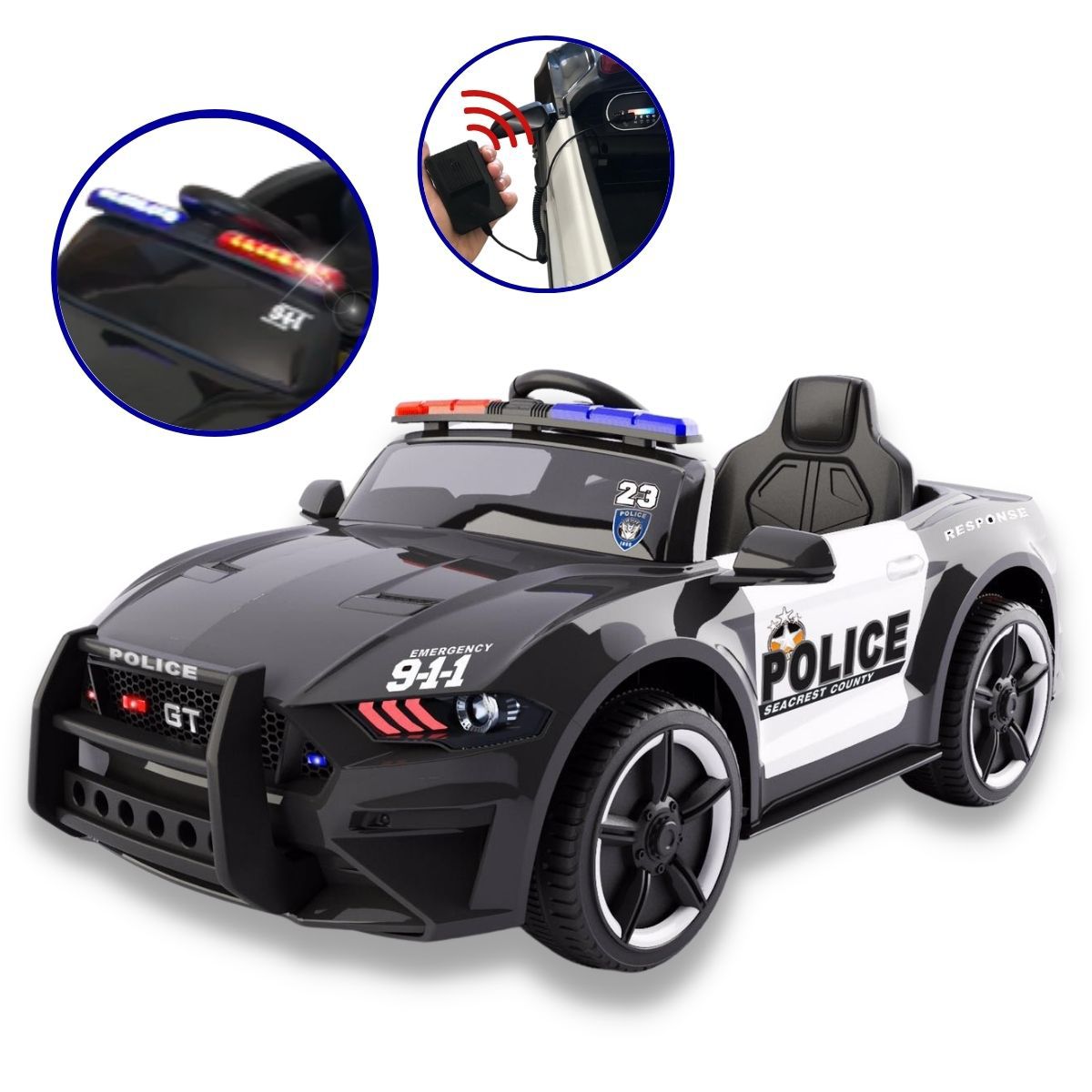 Mini Carro Elétrico Policia Charger 12v Cinto Portas Se Abrem Suporta 25kg  Megafone USB MP3 Controle Remoto - Auto Equip