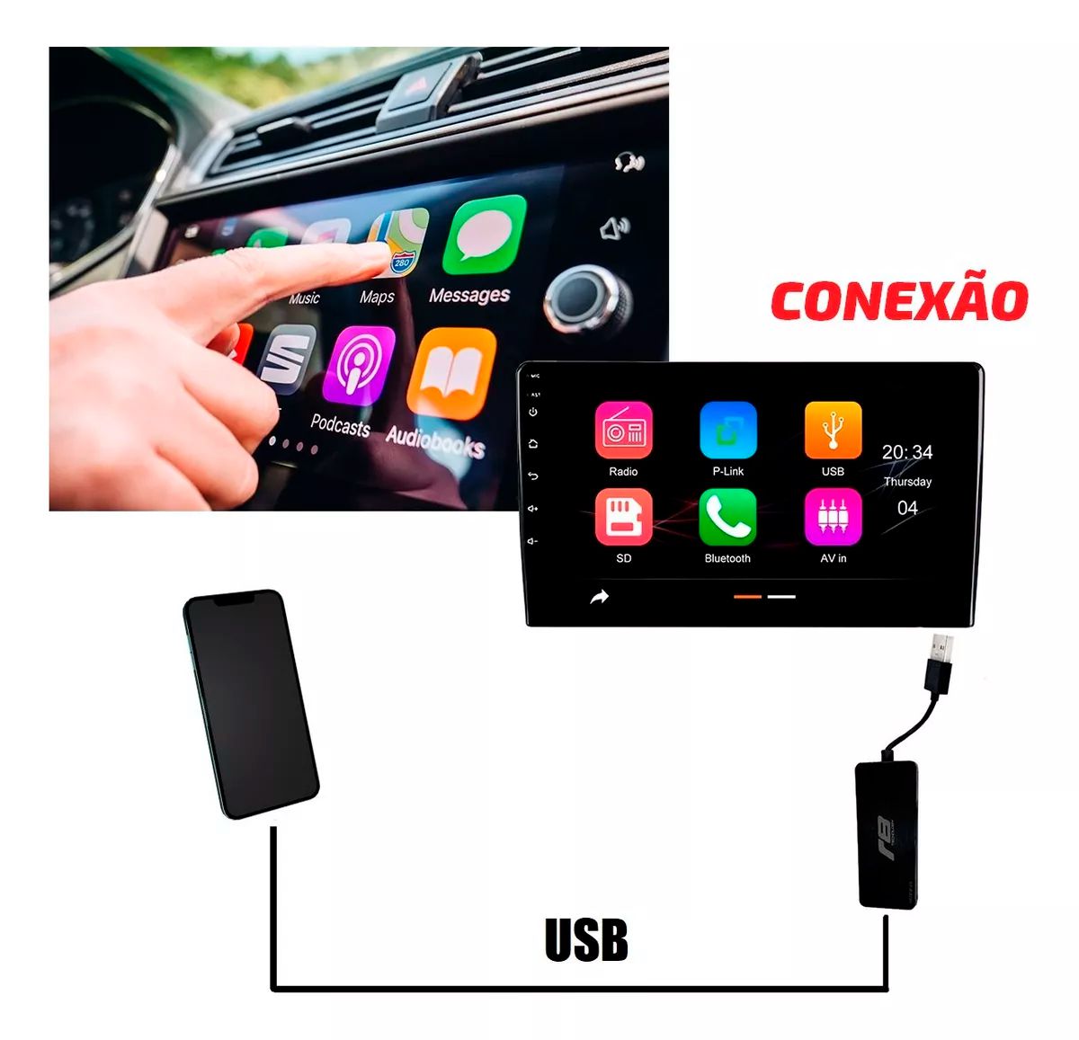 Carplay Portátil Multimídia Android C/ Aplicativos Espelhamento