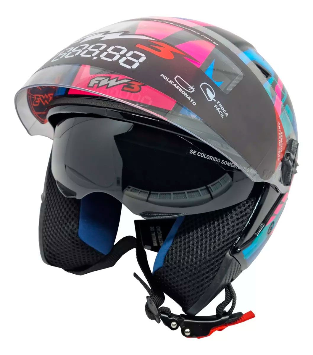 Capacete Moto Aberto FW3 X Open Up Fox 58 Viseira Cristal 2mm