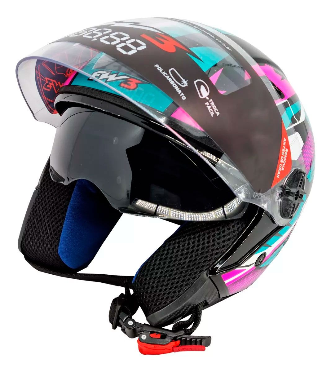 Capacete Moto Aberto FW3 X Open Up Fox 56 Viseira Cristal 2mm