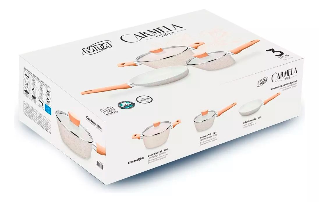 Conjunto de Panelas Carmela Vanilla 3 Peças Creme 8480 MTA Ceramic
