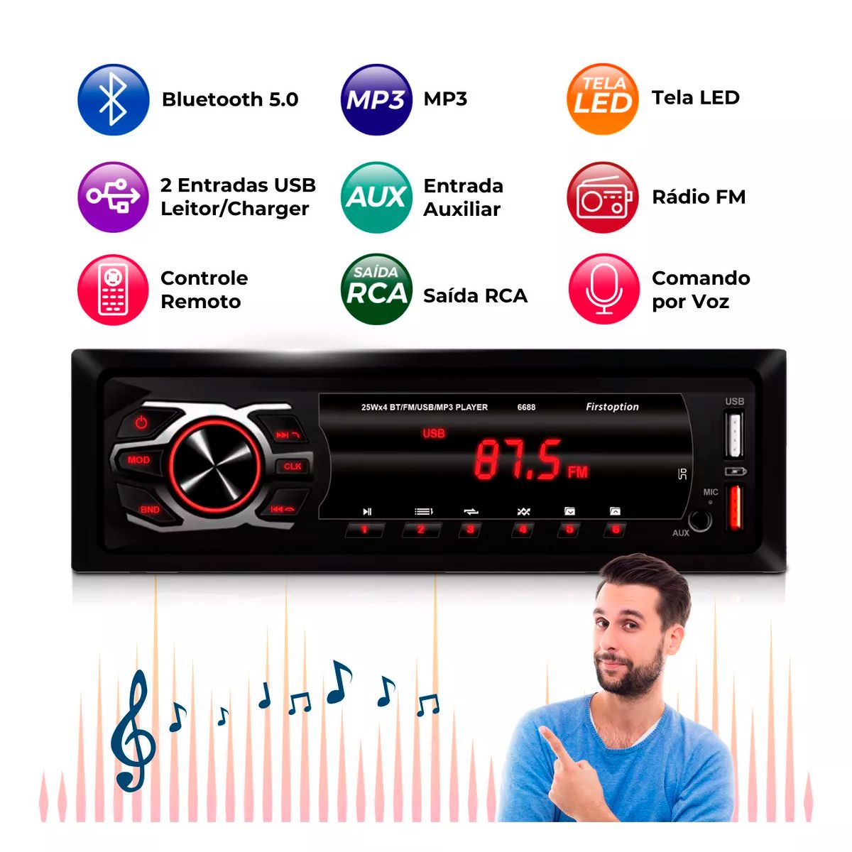 Rádio Som Automotivo 1din First Option 6688 25W USB MP3 Bluetooth 4 ...