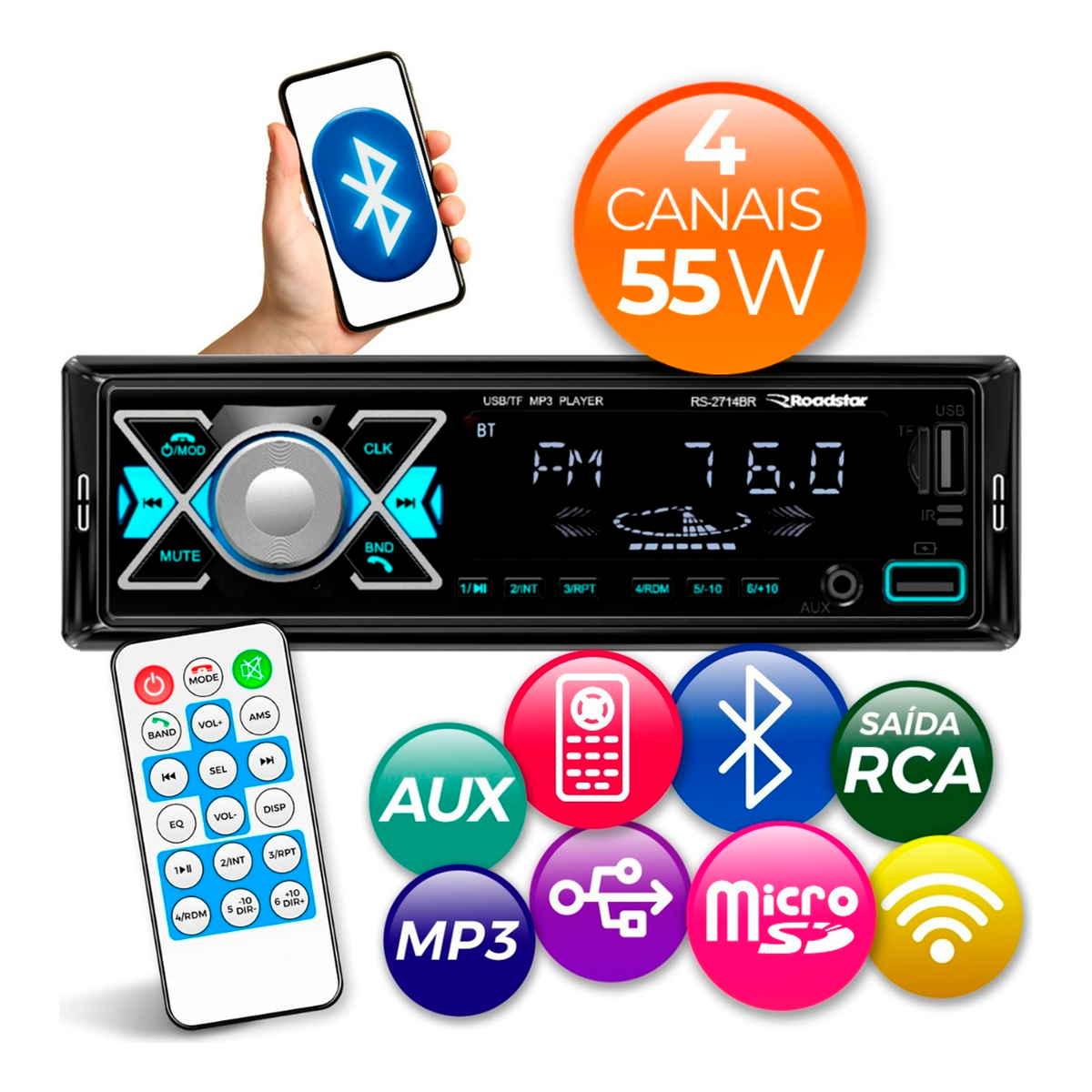 Som automotivo Rádio Roadstar RS-2714BR PLUS 4 Canais 55W