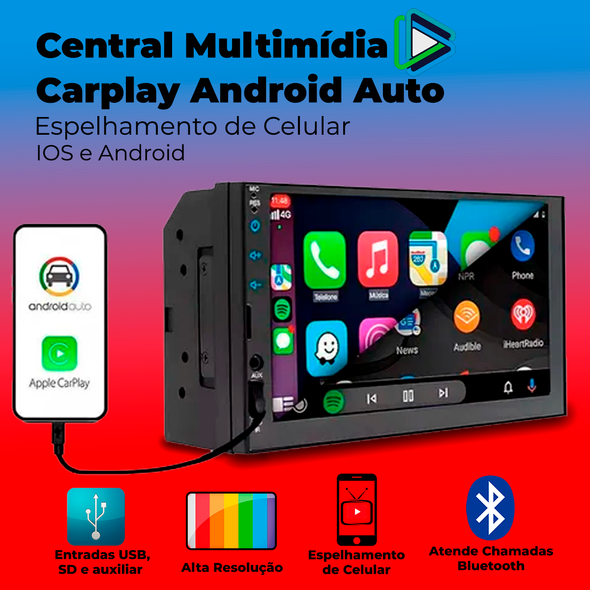 Multimídia 7 Polegadas Carplay Android Auto Com Espelhamento de