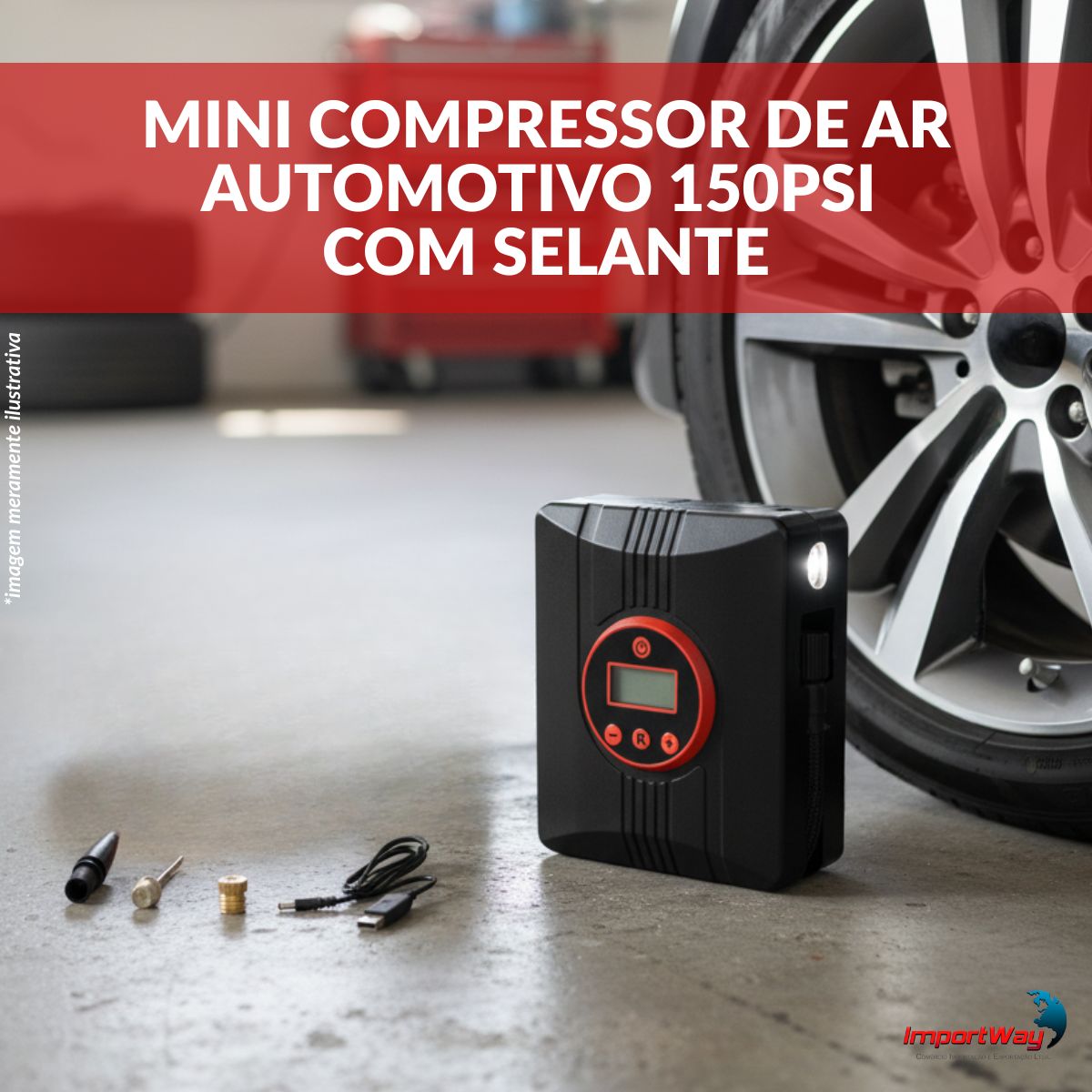 Mini 9v Compressor Mini Compressor de Ar Automotivo 150PSI Sem Fio c/Selante Lanterna LED ...