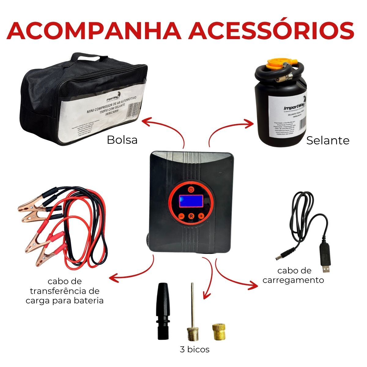 Mini 9v Compressor Mini Compressor de Ar Automotivo 150PSI Sem Fio c/Selante Lanterna LED ...