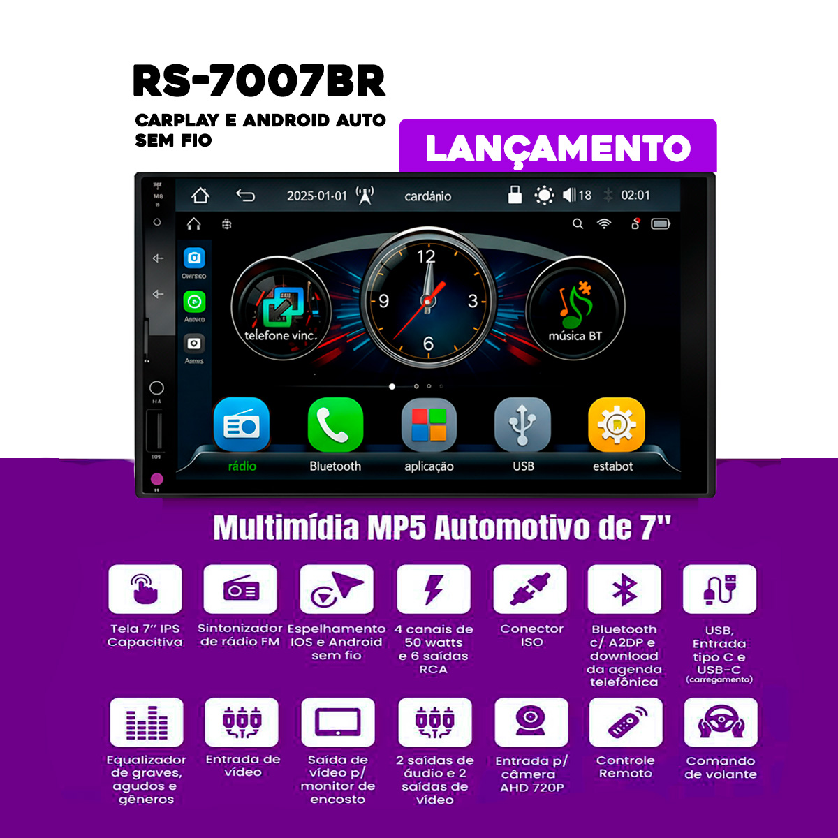 Multimídia MP5 Roadstar 7 Polegadas IPS Bluetooth USB Com CarPlay e ...