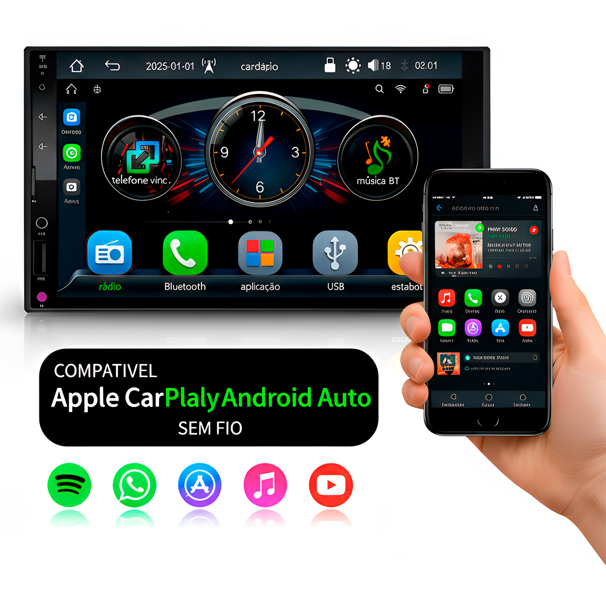 Multimídia MP5 Roadstar 7 Polegadas IPS Bluetooth USB Com CarPlay e ...