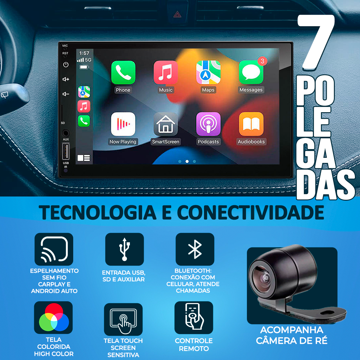 Central Multimídia 7 Polegadas Com Carplay e Android Auto Sem Fio
