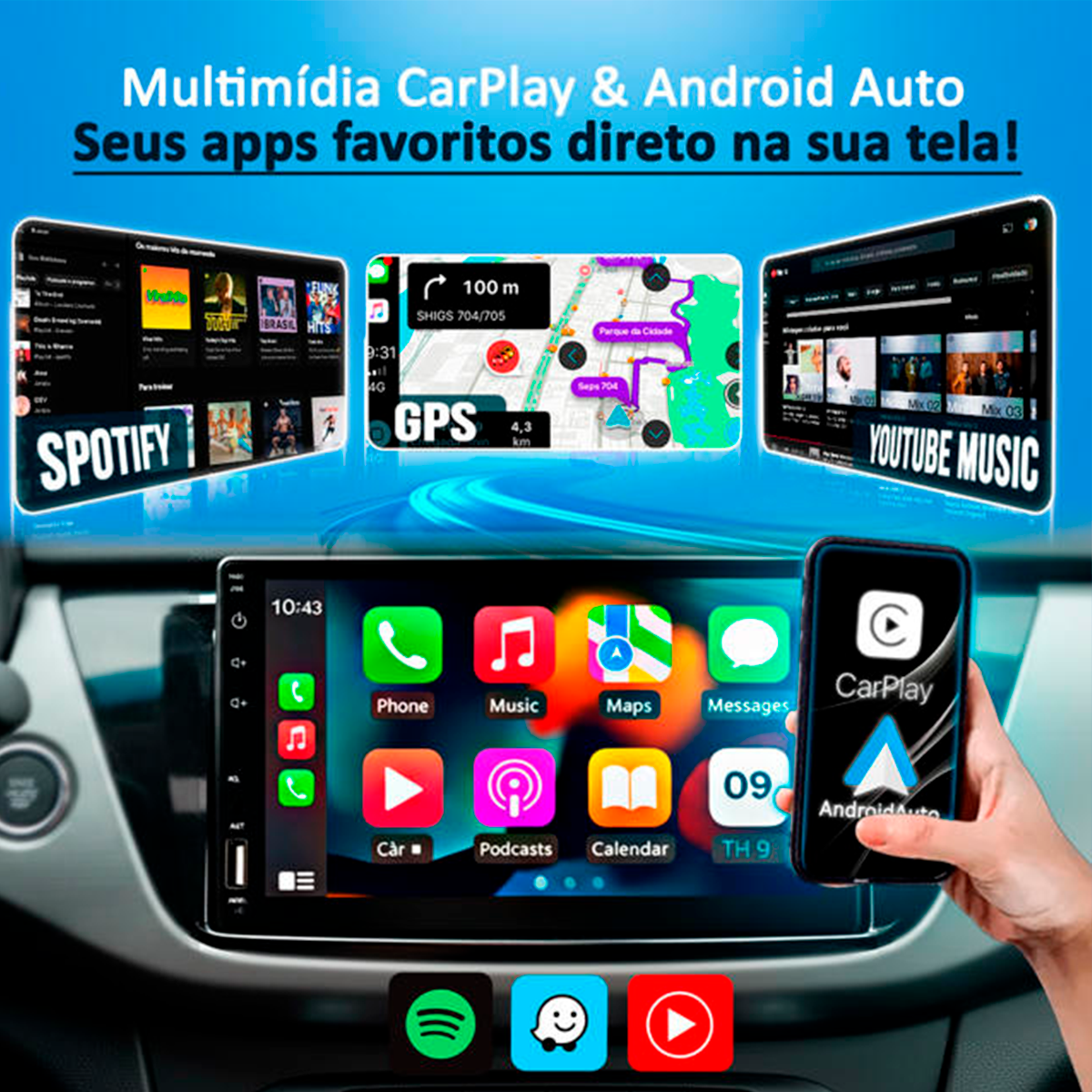 Central Multimídia 7 Polegadas Com Carplay e Android Auto Sem Fio