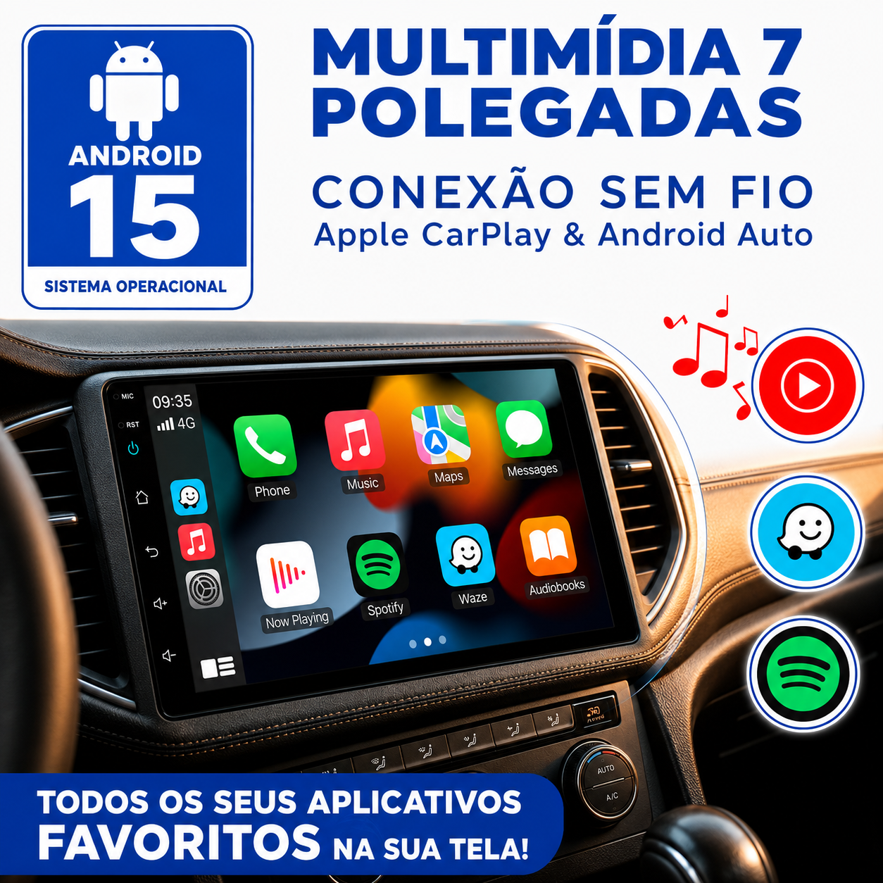 Multimidia Sist. Android 15 4GB RAM 64GB 7 pol Android Auto