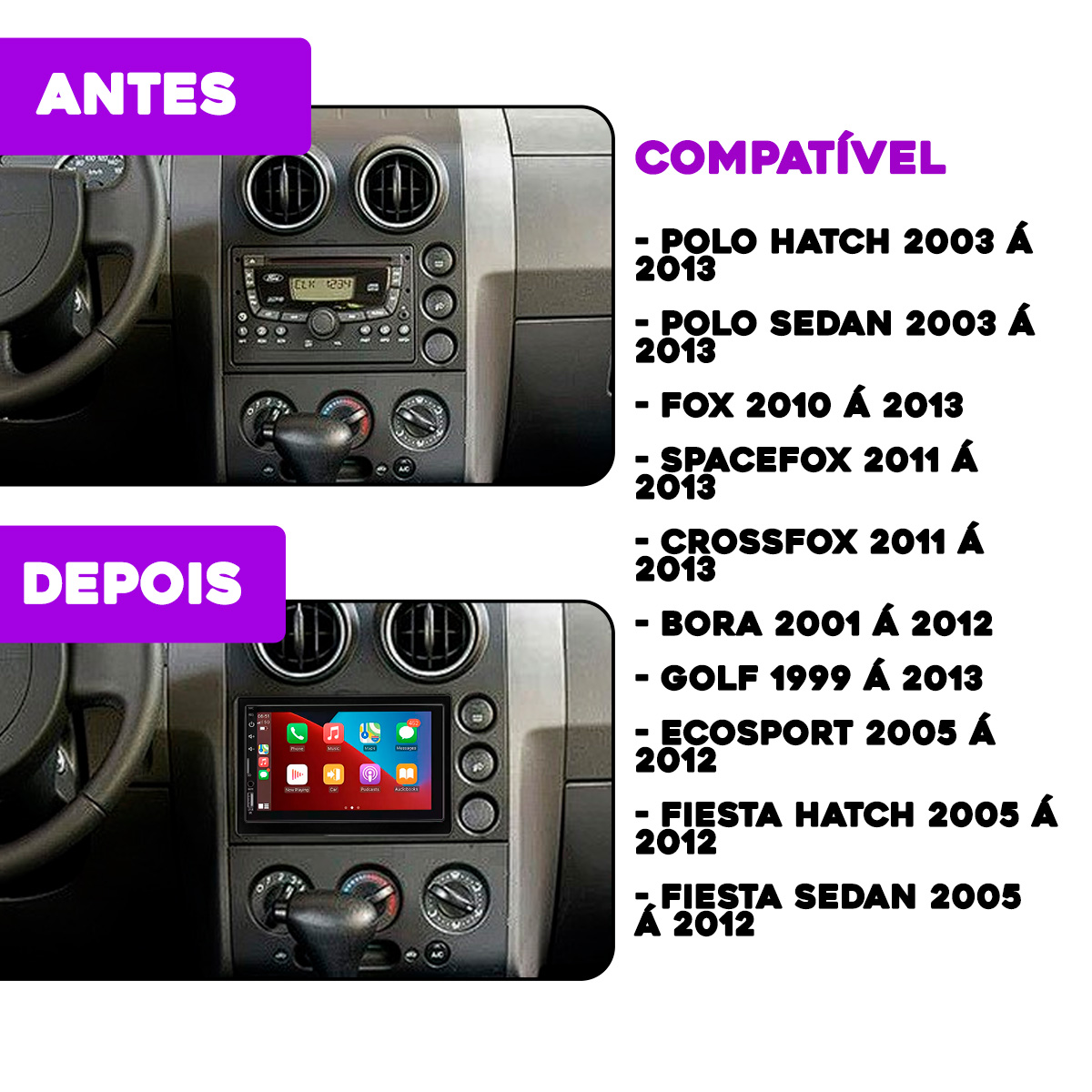 ★MOCO★ Multimídia 7 CarPlay Android Auto Sem Fio + Câmera de Ré + Moldura