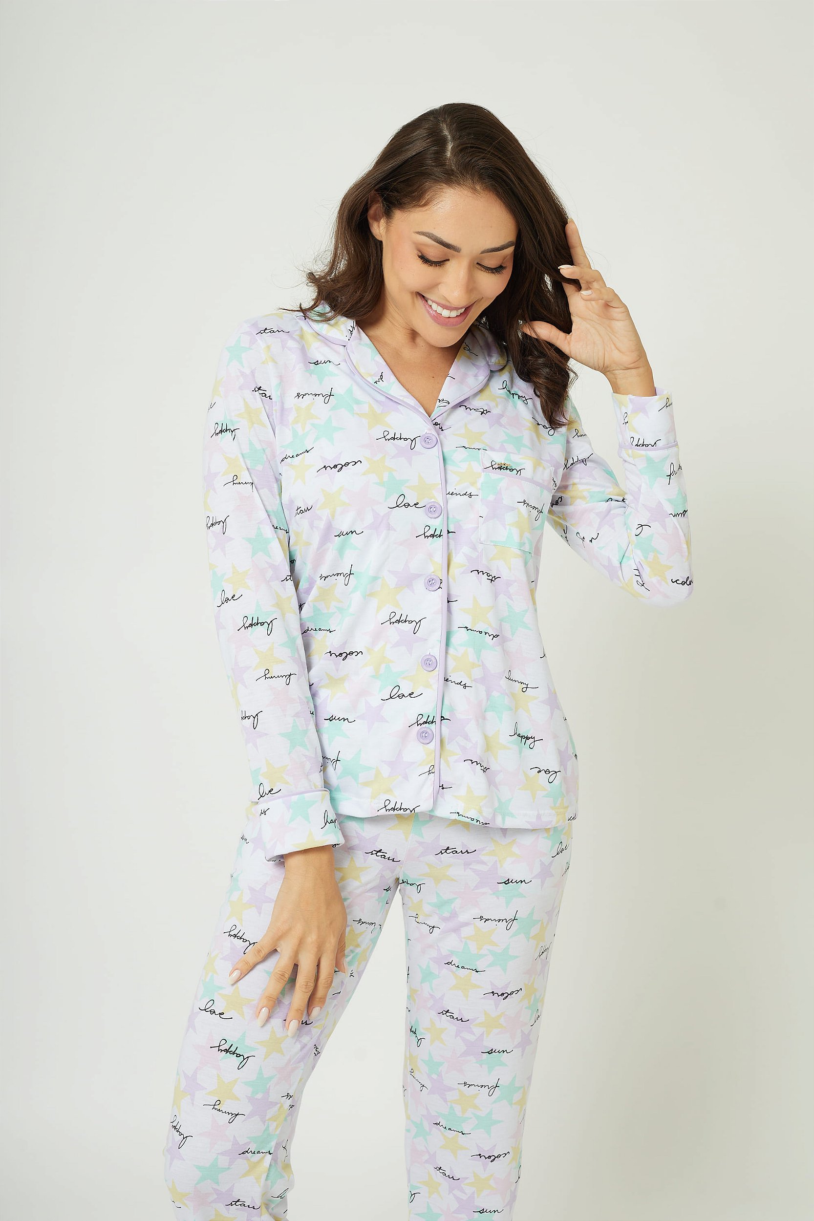 Pijama Feminino Longo Americano Star Friends Pijamas Macacoes Camisolas Roupoes e Robes Confortaveis e Estilosos Para Toda a Familia Loja Virtual